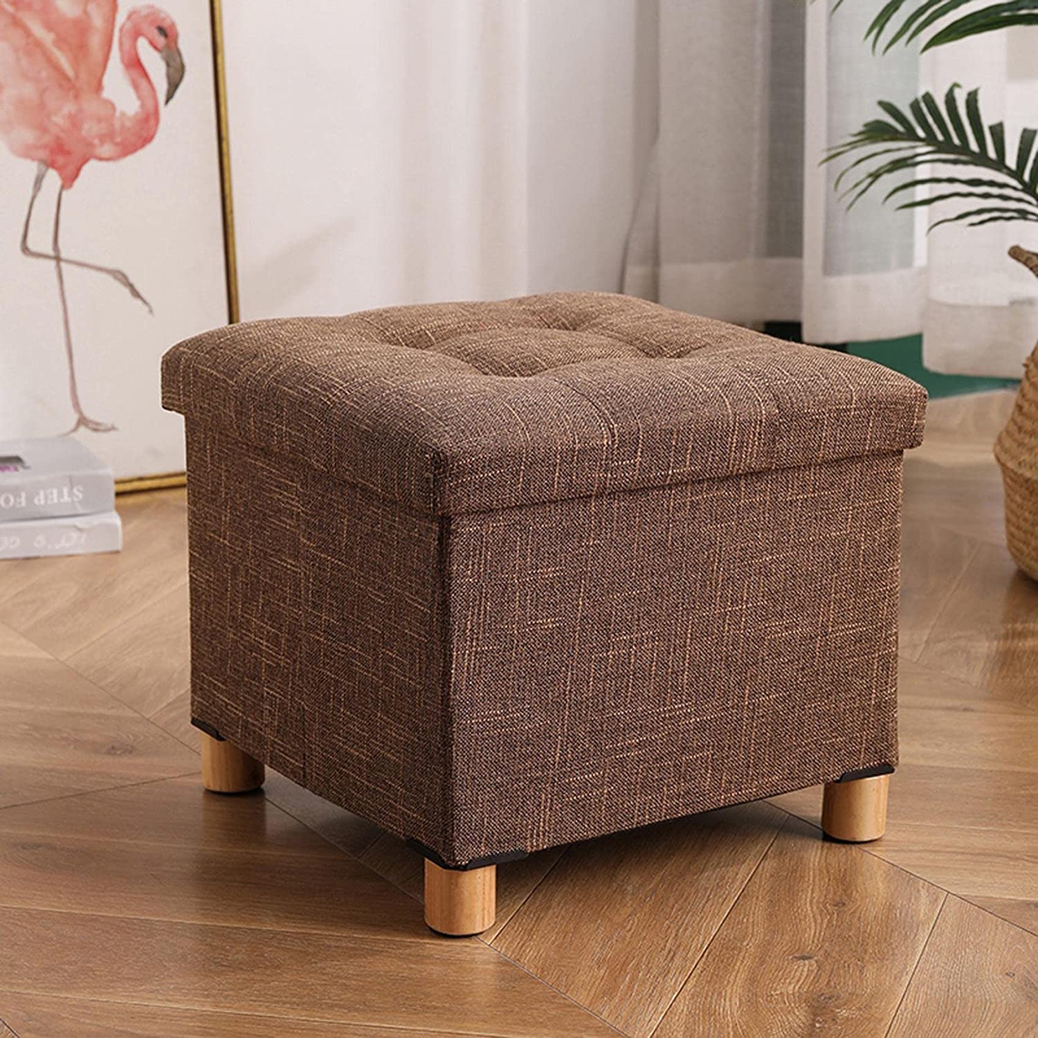 LMMIAOZ Cotton-Linen Storage Ottoman Footrest - Square Foot Stool for Shoe Changing, Living Room & Bedroom, Stylish Footrest with Hidden Storage, Perfect for Comfort & nization