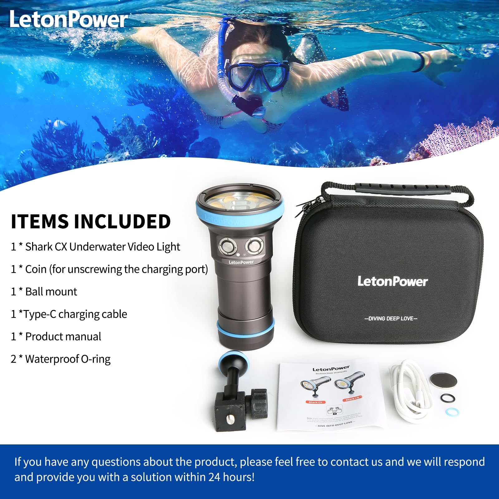 Shark CX Linterna Buceo Video 8000 Lúmenes - 120° CRI 98 3000K-5500K, A Prueba de Agua 120m, Recargable USB-C para Video y Foto Profesional