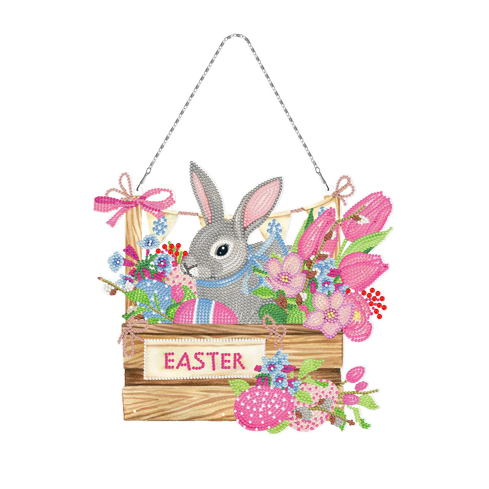 EXQULEG Diamond Painting Kranz Ostern Deko, 5D Diamond Painting Kits, DIY Diamant Painting Anhänger Hase Ostereier mit Hängekette, Diamant Malerei Bilder für Wand Und Eingang Dekoration (YH308)