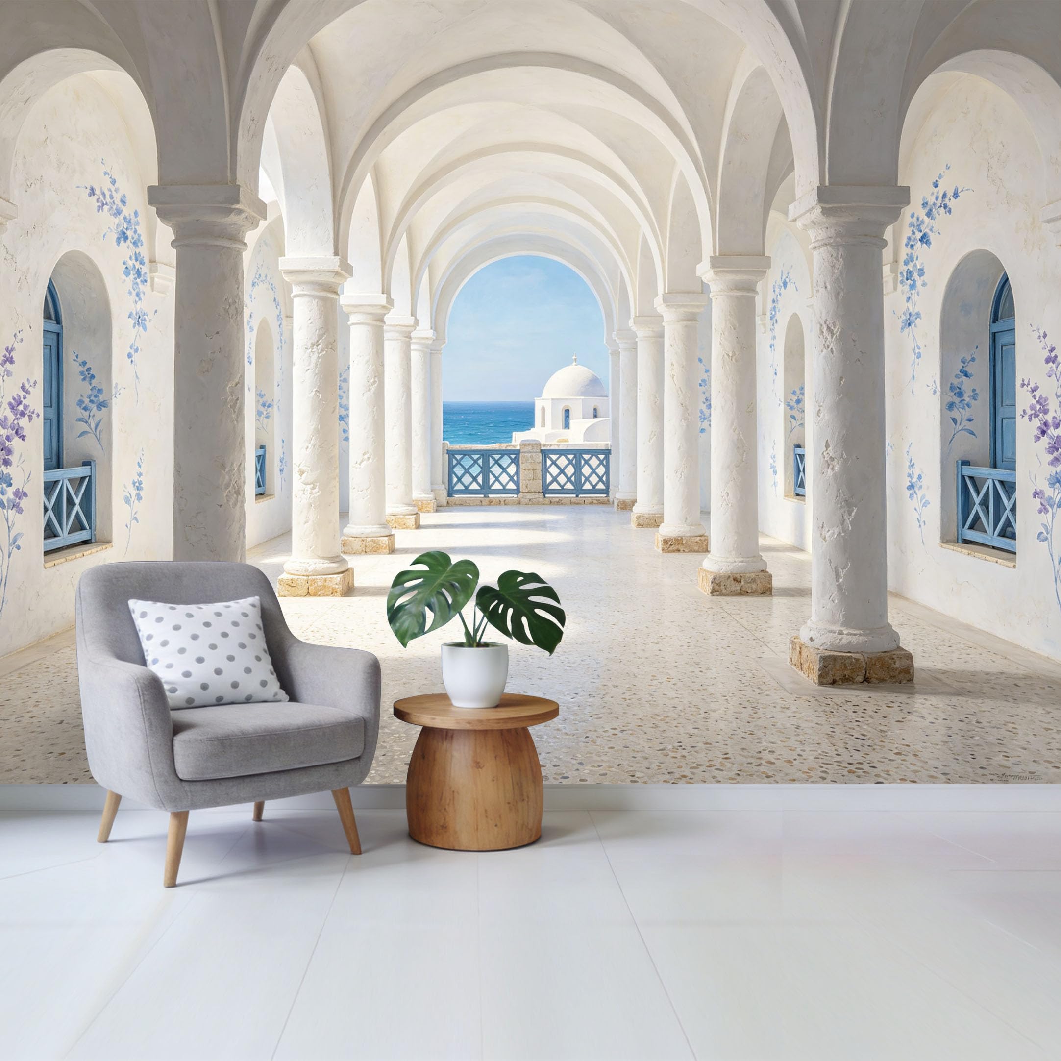 Removable Self Adhesive Fabric Mural， Mediterranean Coastal Archway Custom Size Wall Covering， UV Protected Waterproof Washable Wall Decor for Living Room Bedroom Bathroom