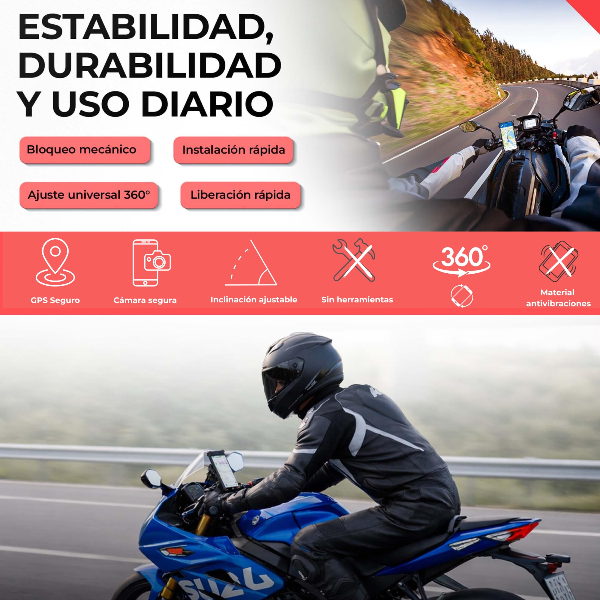 BIBRABY® Soporte móvil Moto de Manillar | Soporte movil Bicicleta | Patinete eléctrico | Soporte telefónico Desmontable | Giro 360º | Compatibilidad Universal 4,5-7'' (Negro) — view 7