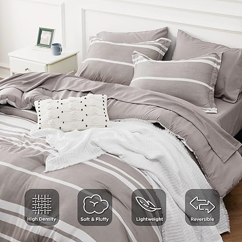 Miniatura 3 de Bedsure Bed in a Bag King - Juego de edredón de 7 piezas, color blanco topo cálido a rayas, juego de cama para todas las estaciones, 2 fundas de