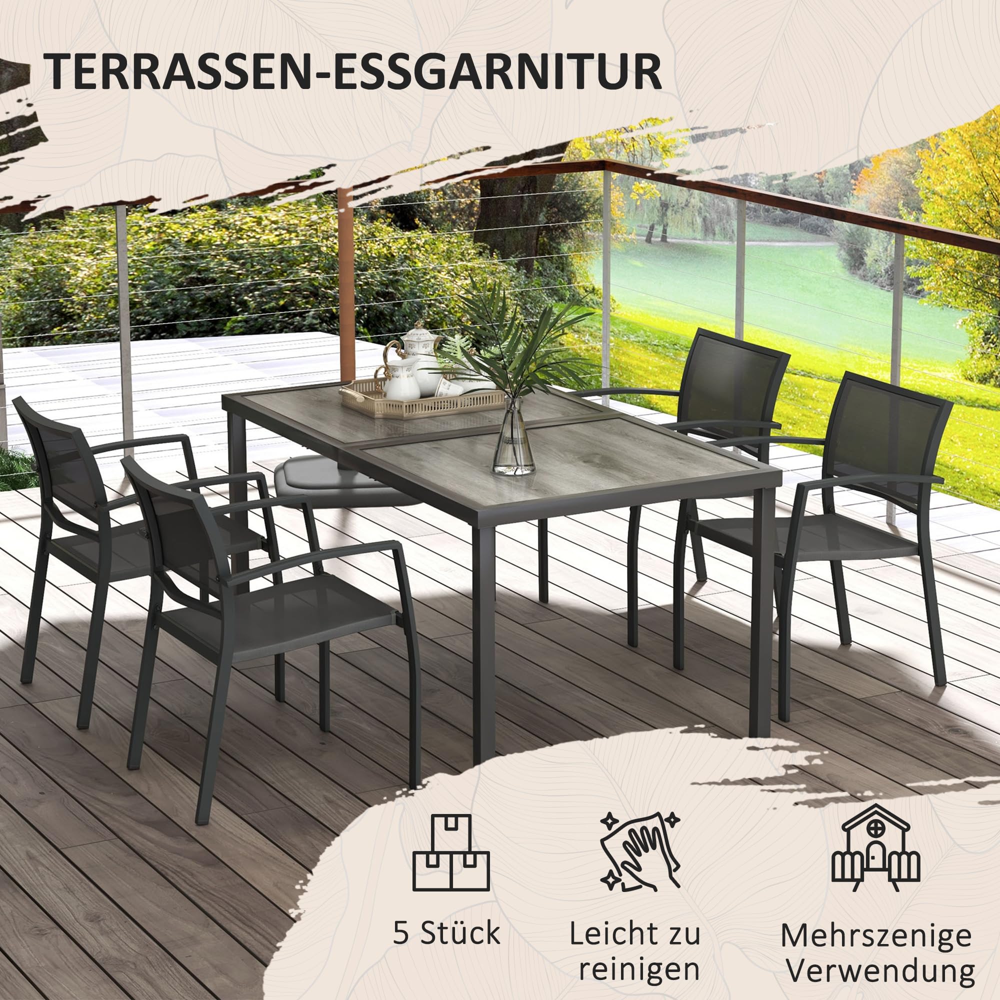 Outsunny 5 TLG. Sitzgruppe Gartenmöbel-Set, Gartengarnitur mit 1 Esstisch, 4 stapelbaren Stühlen, Sitzgarnitur, für Terrasse, Mesh, Dunkelgrau