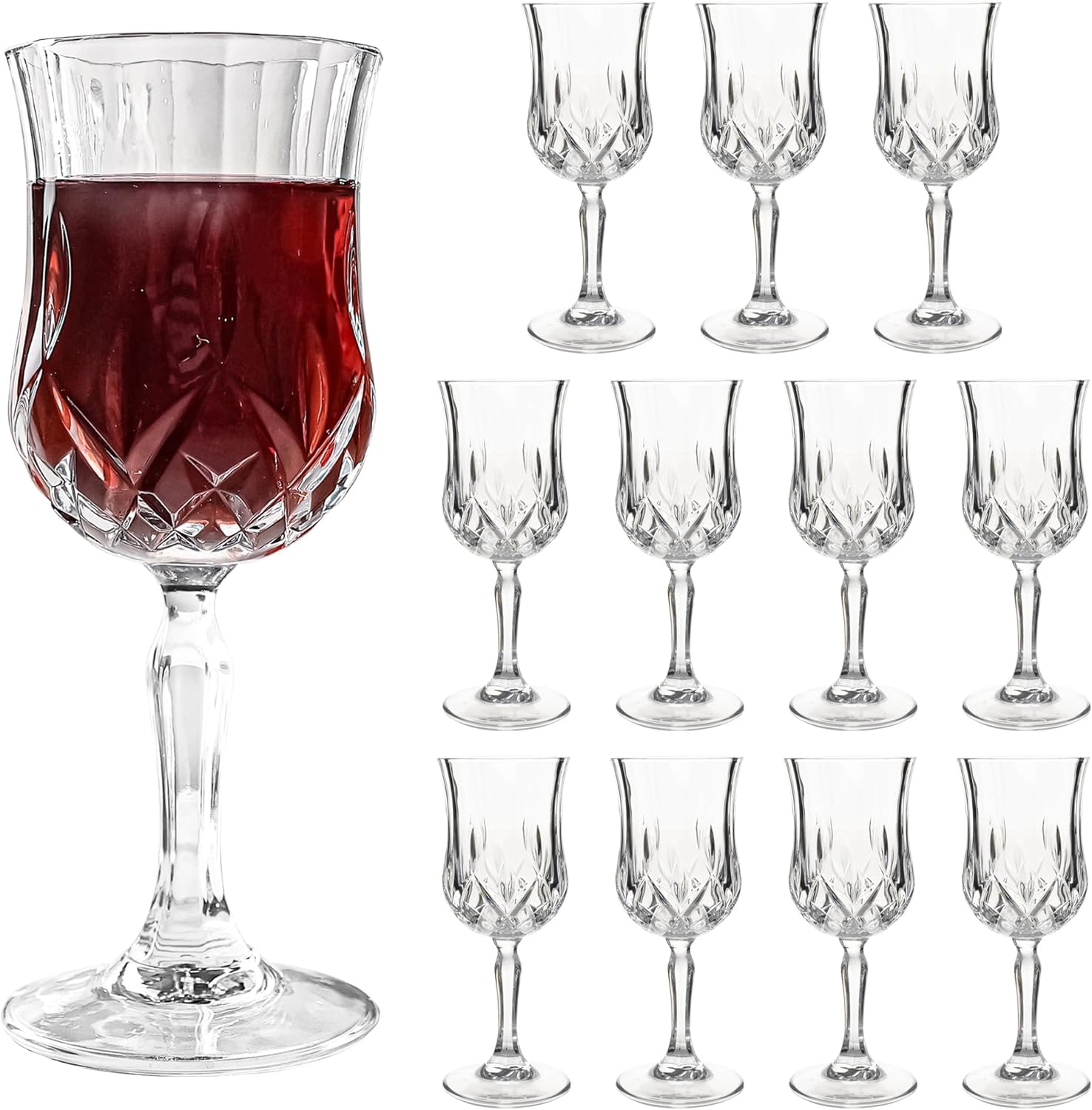 Wine Glasses Set of 12, 7 oz Elegant Goblets with Vintage Cut Design, Durable Glassware for Red & White Wine, Perfect for Parties, Weddings and Home (12 PCS)