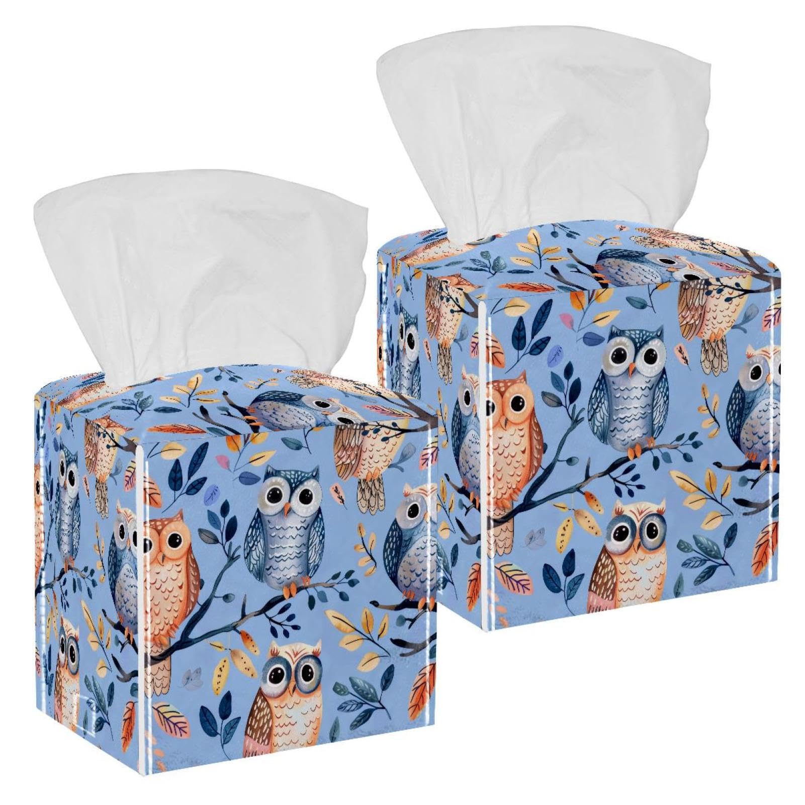 Cute Owl Tissue Box Cover, 2 Pack PU Leather Square Facial Tissue Dispenser Box holder for Home Office Car