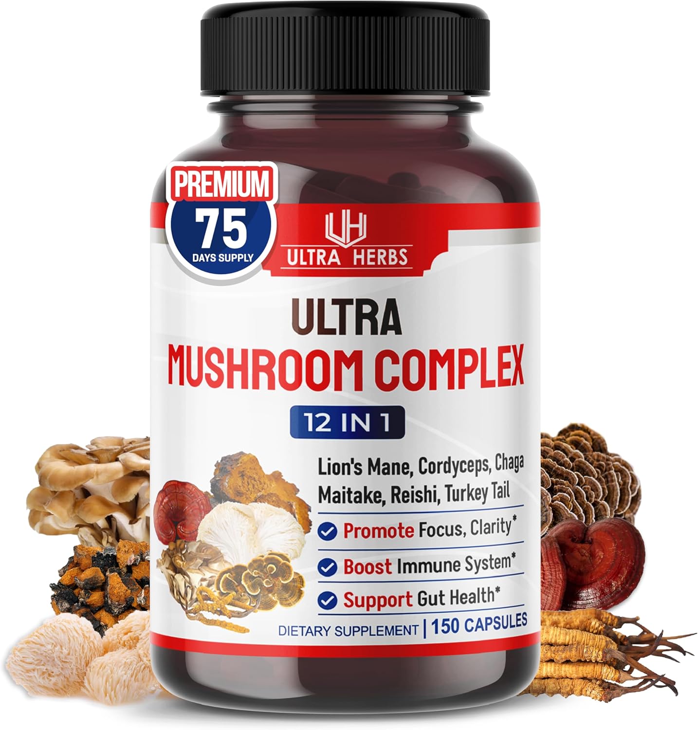 Ultra Mushroom Supplement Complex w Lion’s Mane Cordyceps Maitake – 8 in 1 Mushroom Brain Supplements for Enhanced Clarity and Focus | 150 Capsules Ultra Mushroom Supplement Complex w Lion’s Mane Cordyceps Maitake – 8 in 1 Mushroom Brain Supplements for Enhanced Clarity and Focus | 150 Capsules
