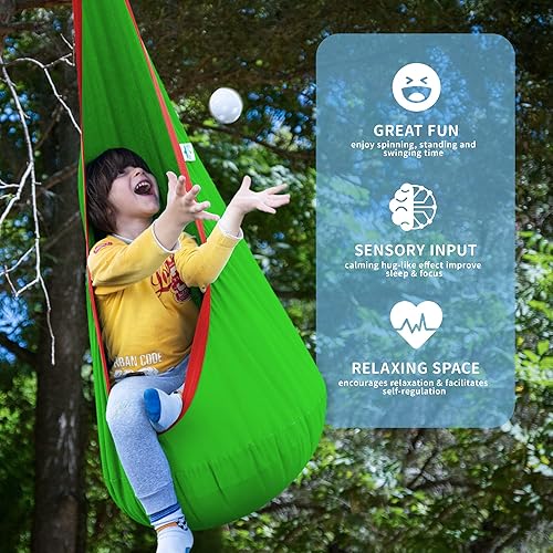 Vista 4 de Hamaca tipo cápsula OUTREE 100% de algodón para niños. Para uso interior y exterior, Verde