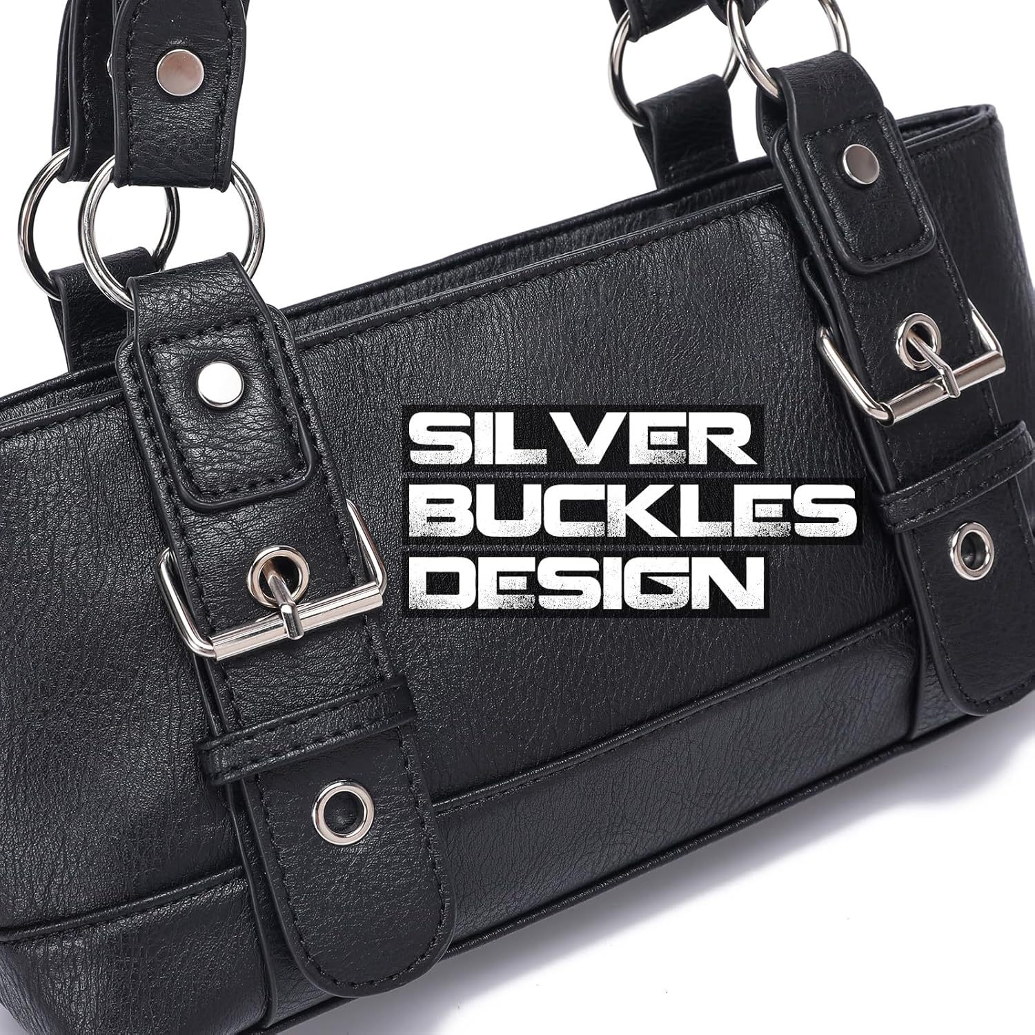 Women's Small Shoulder Bag Punk Y2k Vintage Purse with Buckles (Black) - Image 7