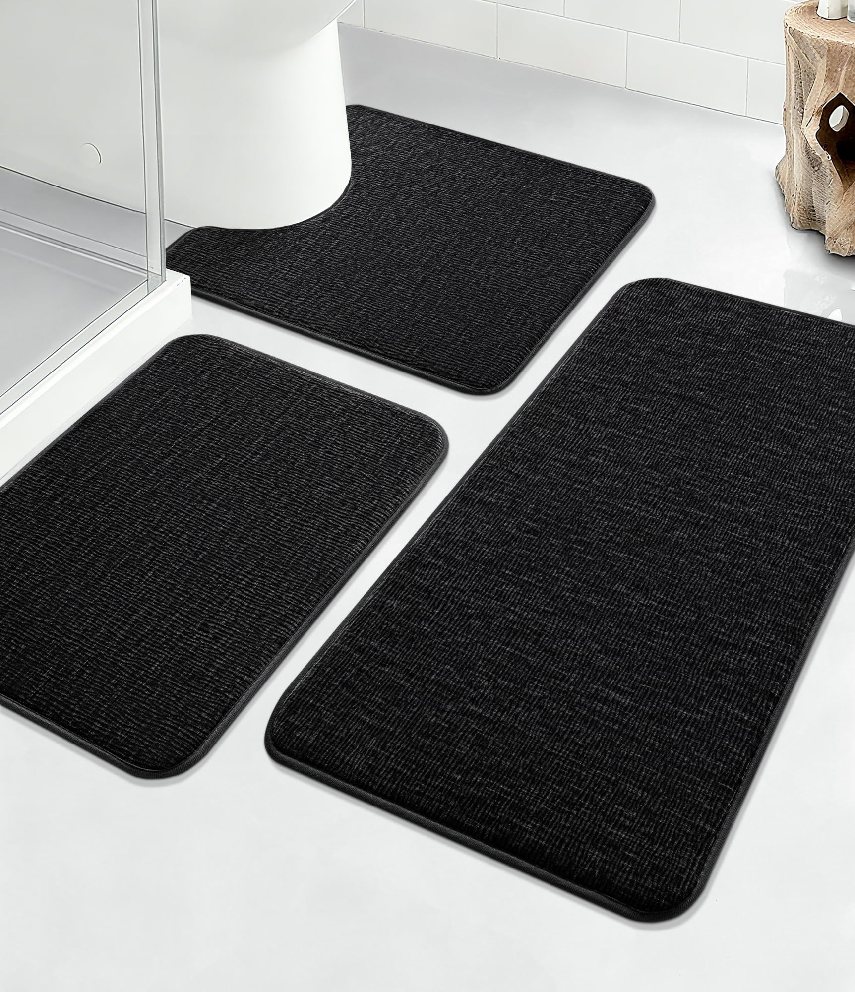 YIHOUSE Bathroom Rug Set 3 Piece, Memory Foam Black Bath Mat Set Non-Slip Quick Dry Absorbent Bath Mats for Bathrooom, Washable Bathroom Rug and