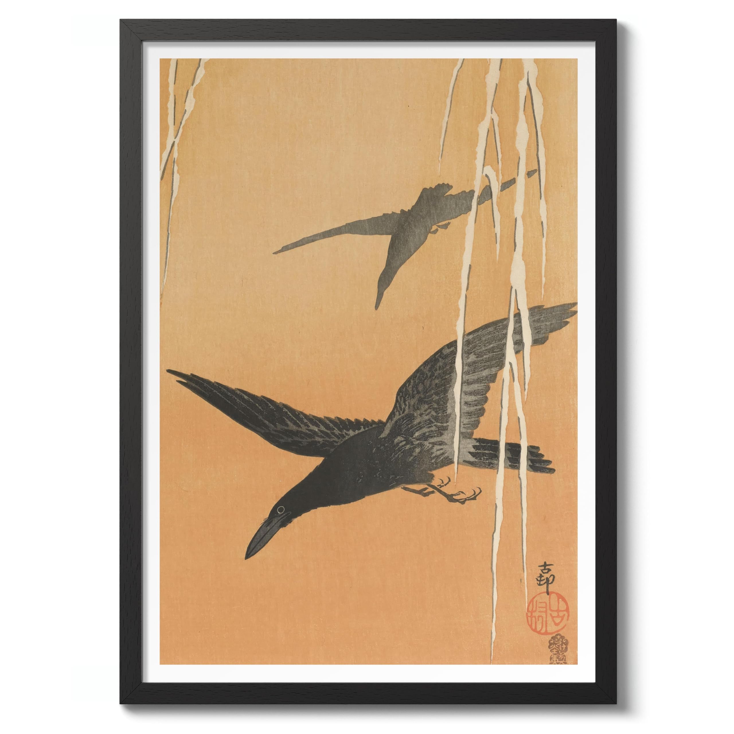 Two Crows In Flight & Snow-Covered Willow Ohara Koson Poster, Japanese Woodblock Ukiyo-E Print, Vintage Bird Art Animal Painting Wall Art, Japan Birds Home Decor, A3 (Black Frame) - 45x32.8cm