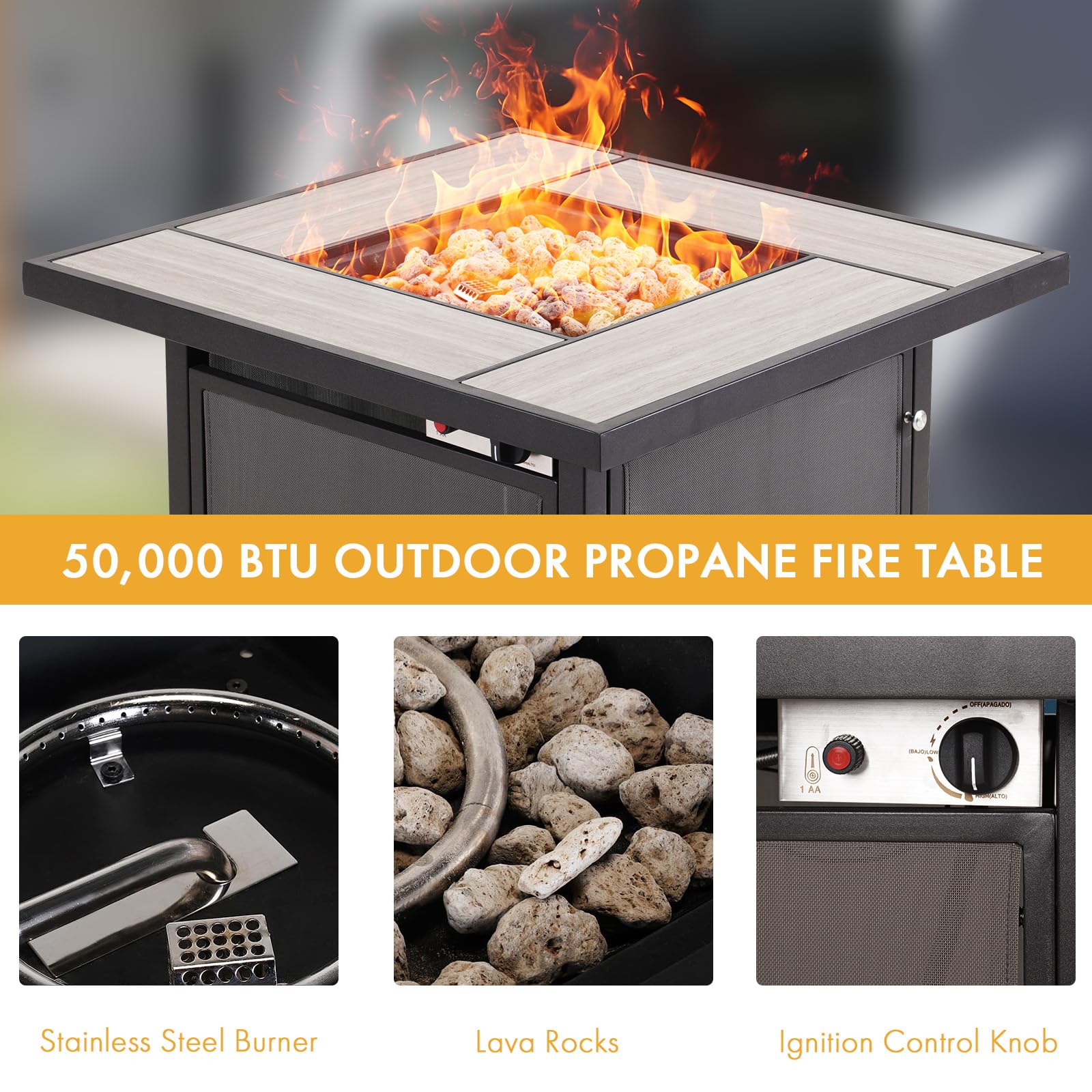 Mesa cuadrada para fogata de propano, 32 pulgadas, para exteriores, 50,000 BTU con mesa de azulejos de cerámica, tapa extraíble, rocas de lava para patio exterior, jardín, terraza, patio 5