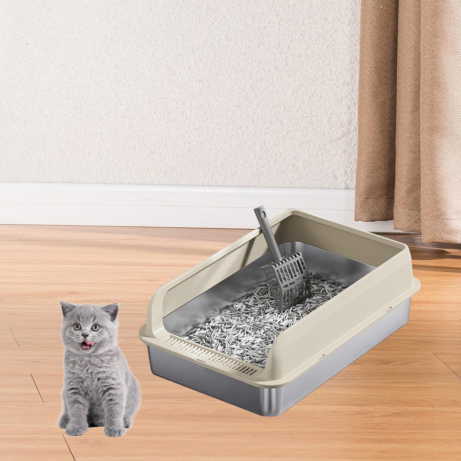 Katzentoilette Edelstahl Katzenklo mit Schutzrand Metall Katzenstreu Pfanne Sandkasten Schale mit Griff für Kätzchen Erwachsene Katzen für Innenräume, Khaki und M