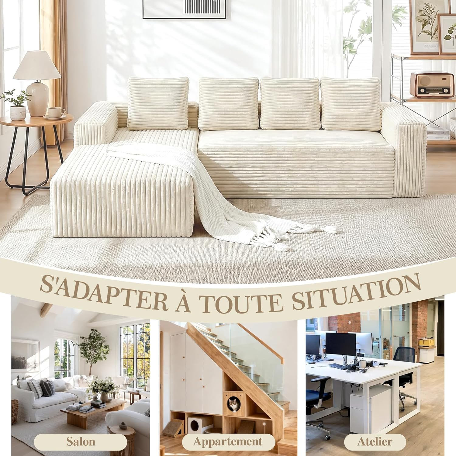 261cm Canapé d'angle Convertible, Canape 3 Places en L, Compressible canapé modulable Cloud avec Assise Profonde, canape Dangle Convertible et Librement combinable pour Le Salon, Beige