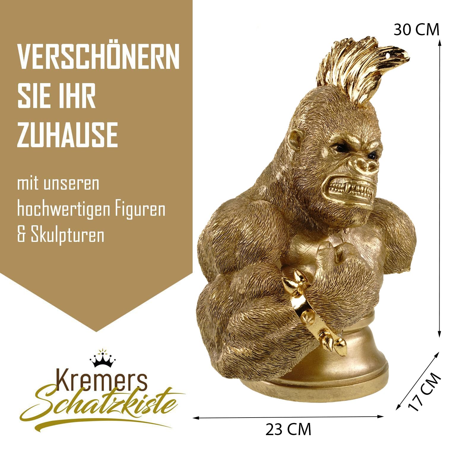Kremers Schatzkiste Decorazione XXL in poliresina dorata, 30 x 23 x 17 cm, gorilla muscolosa con irochesi, posa combattimentica, figura di animali ricca, decorazione per il soggiorno e l'ufficio