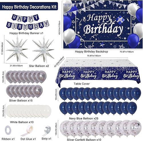 Miniatura 4 de Decoraciones de cumpleaños azul marino para hombres, niños, mujeres y niñas, 80 piezas de decoraciones de fiesta azules y plateadas, pancarta de