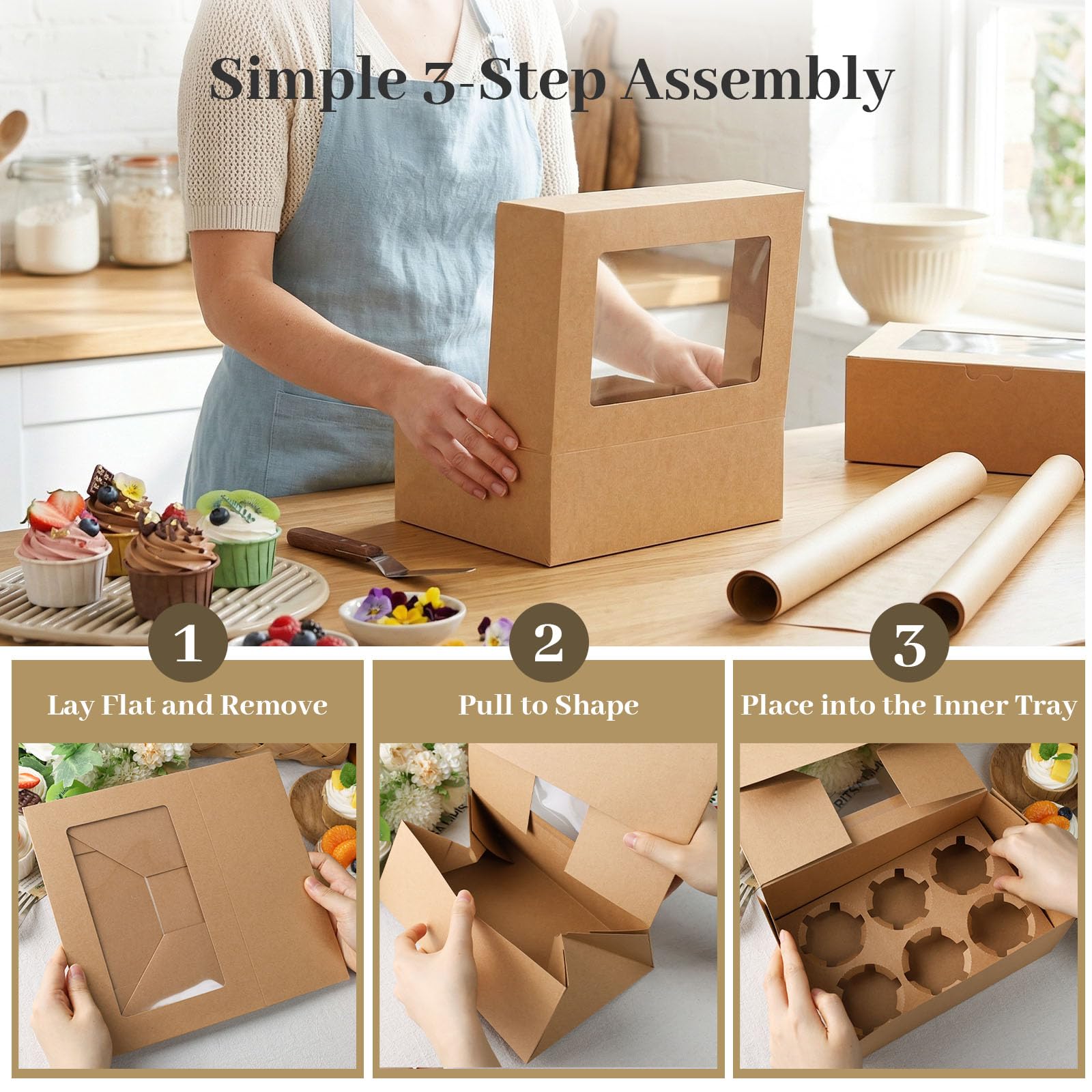 Brown Cupcake Boxes - 6 Pack with Window -4