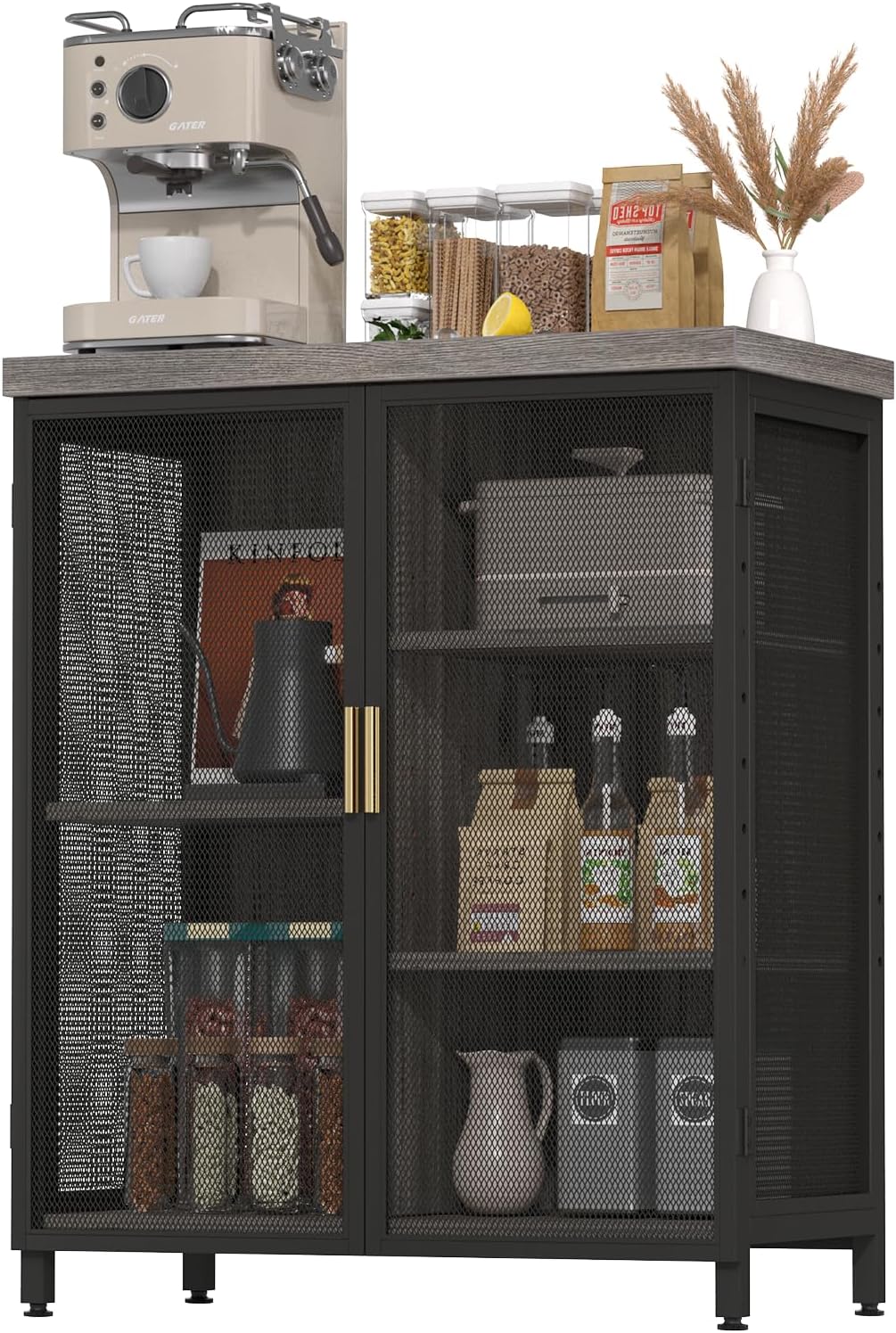 Small Coffee Bar Cabinet with Storage, 29.5" Bar Cabinet with Adjustable Shelves & Wire Mesh Doors, Liquor Cabinet for Kitchen Dining Room, Gray