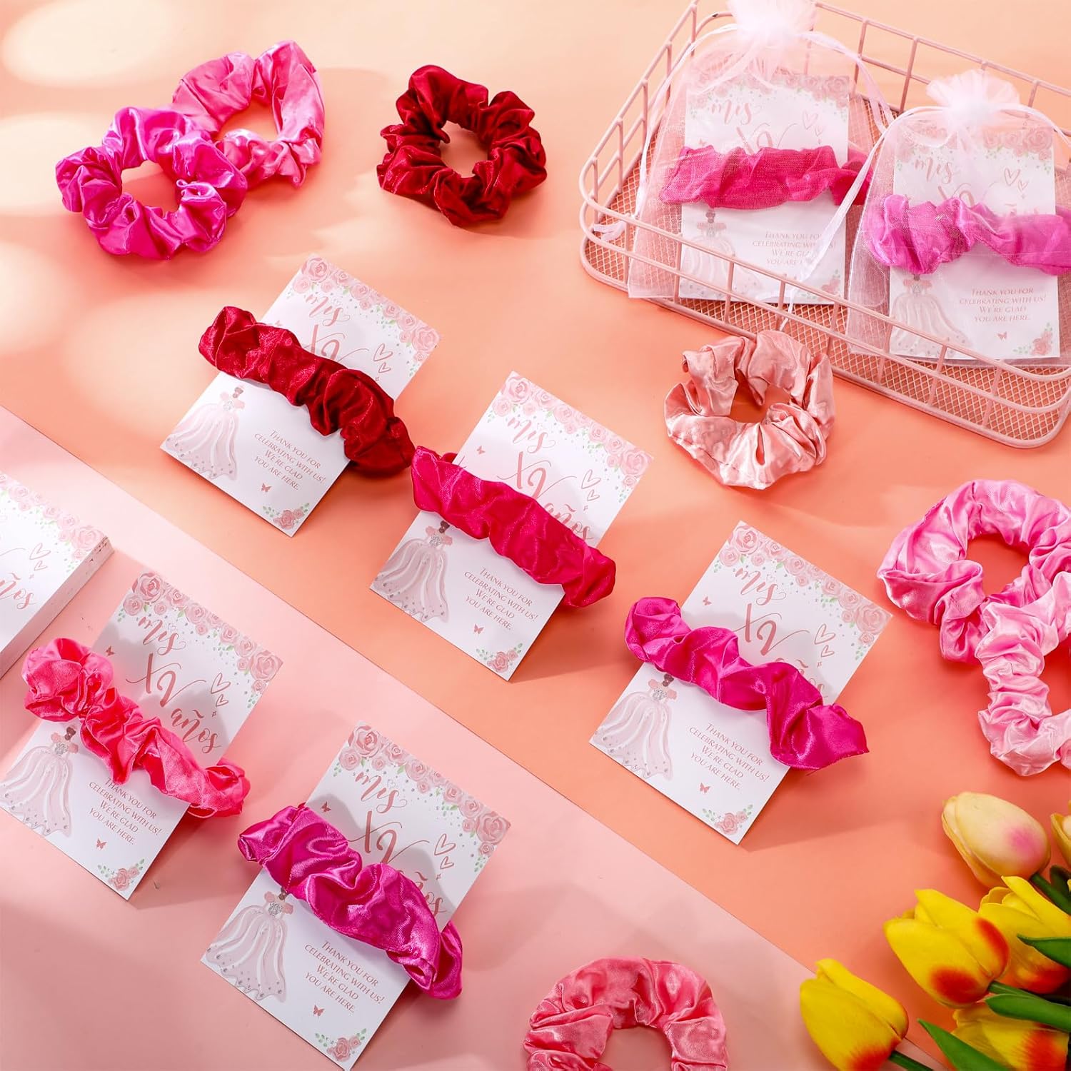 Thiccywoov 50 Sets Pink Quinceanera Party Favors for Guests Quinceanera Gifts Bulk Include Scrunchies Thank You Card and Organza Bags for 15 Years Old Sweet 15 Years Birthday
