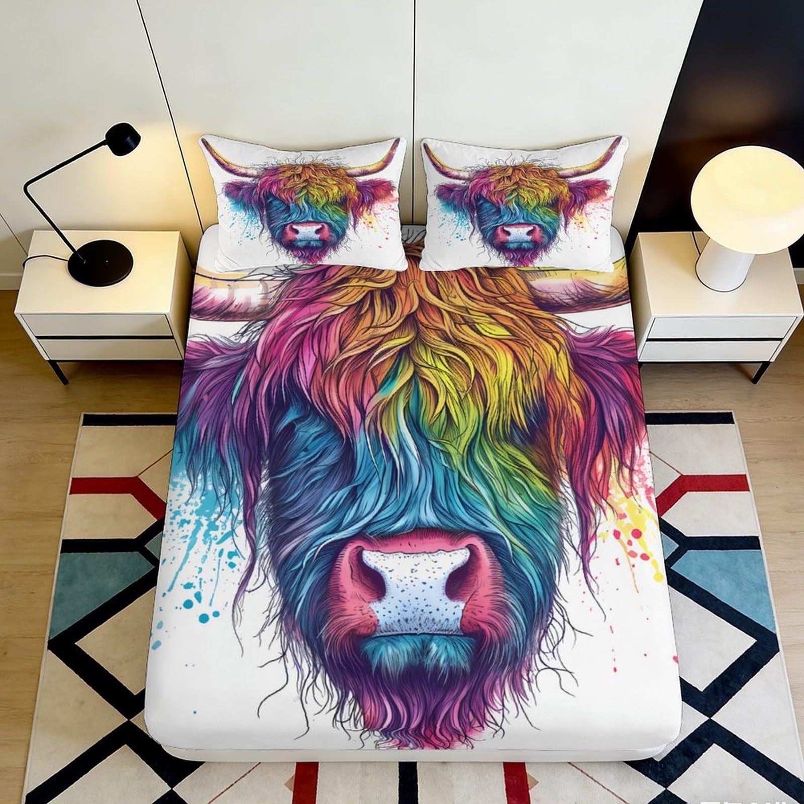 3D Printed Rainbow Highland Cow Fitted Sheet Microfiber Colourful Animal Bed Cover for Bedroom Dorm Mattress Protection Decor 120x200x25cm