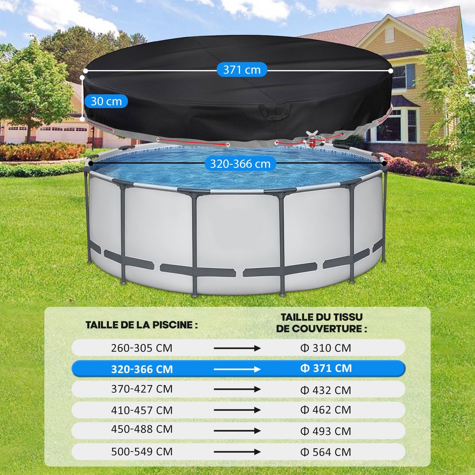 Bâche de Piscine Ronde 366 Oxford 420D Ø371 pour Piscine Ø320-366cm