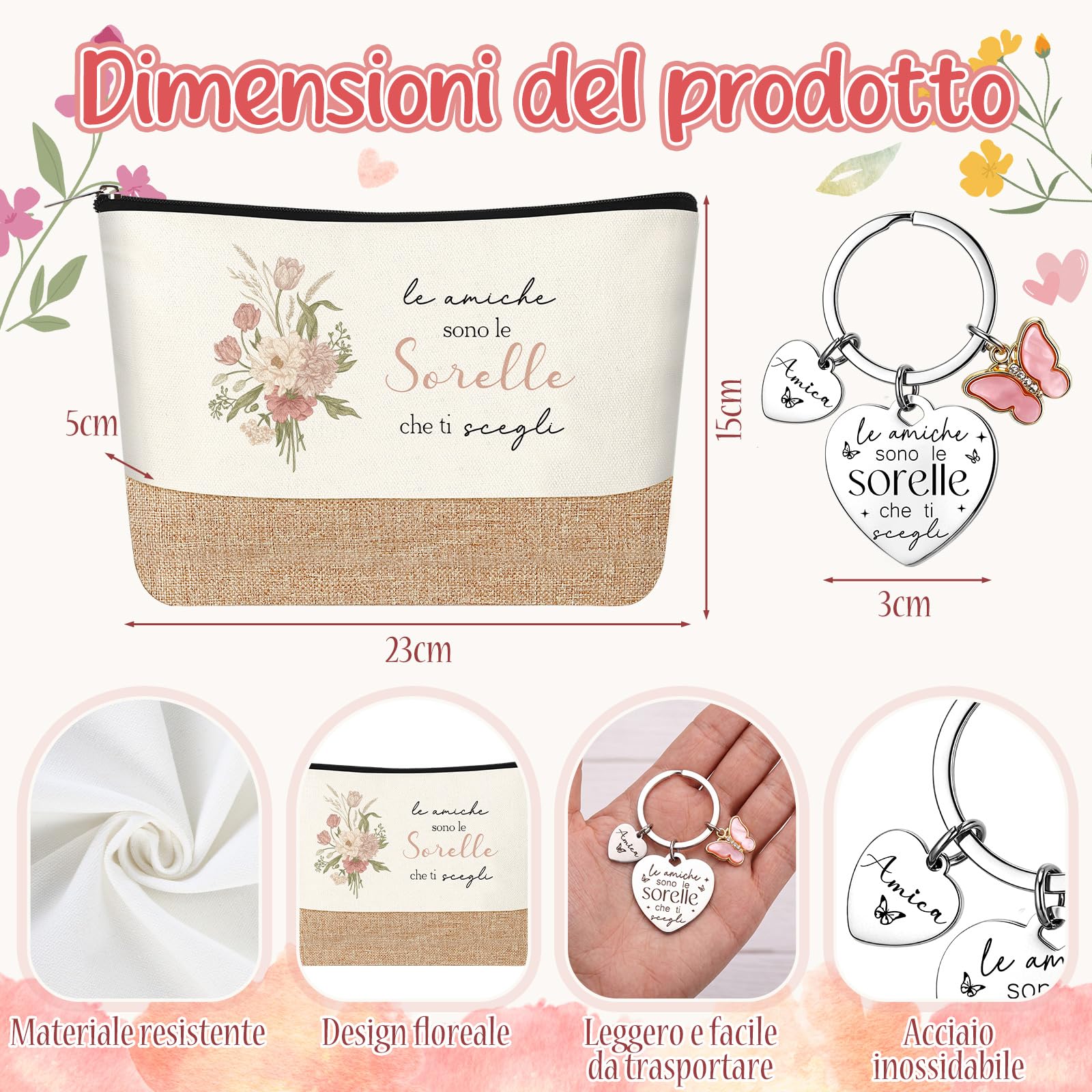 Jadive 3 Pezzi Set Regali da Fare alla Sorella Includere Pochette Cosmetica in Lino Patchwork Portachiavi Amicizia Penna a Sfera Legno per Donna Migliore Amica Compleanno Laurea Universitari Ufficio