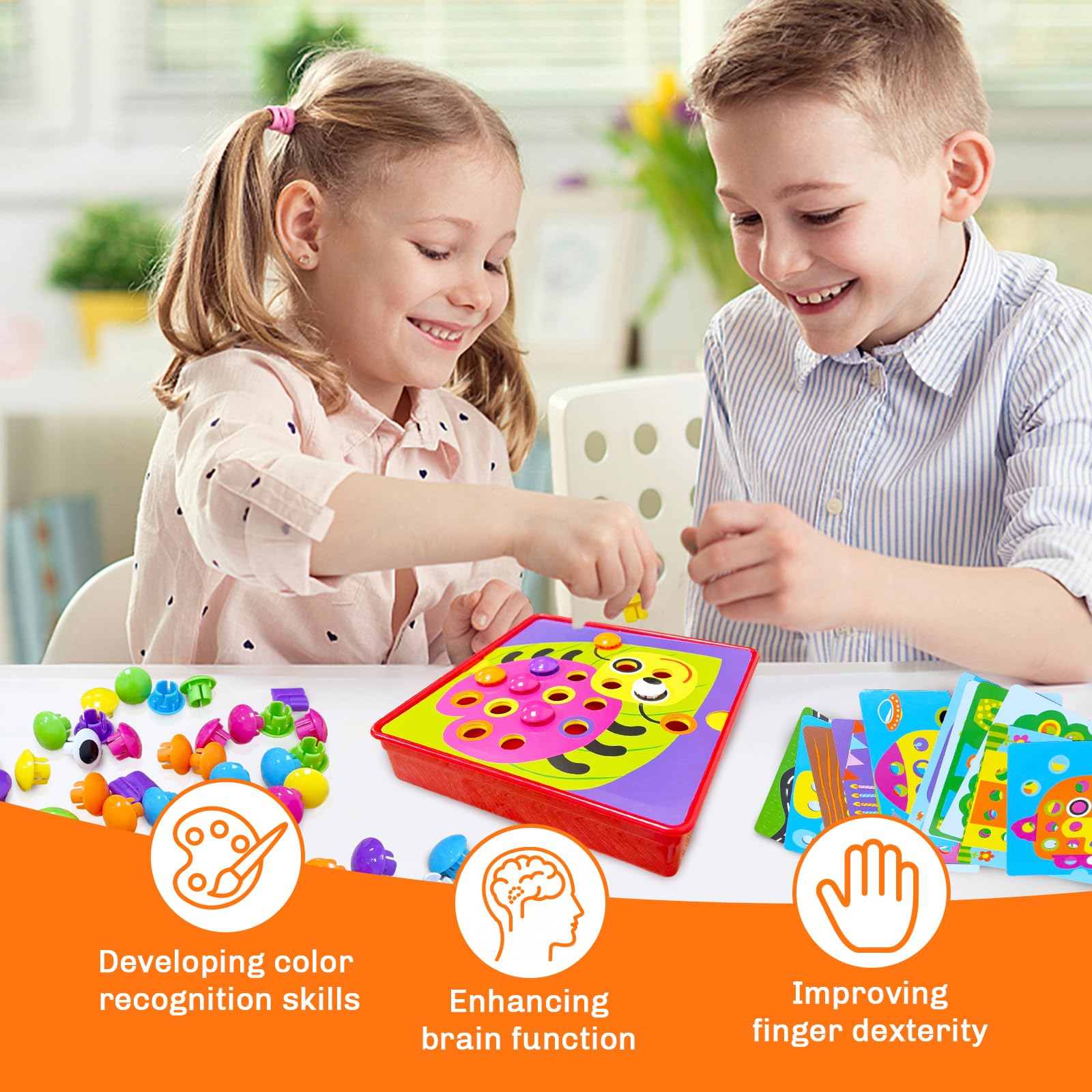 Euablfo Gioco Chiodini per Bambini,Incastro Mosaico con 46 Perle, Giochi Educativi Giocattoli, Giocattolo Educativo con 12 Modelli di Immagini Giochi da Viaggio, Regalo Bambini