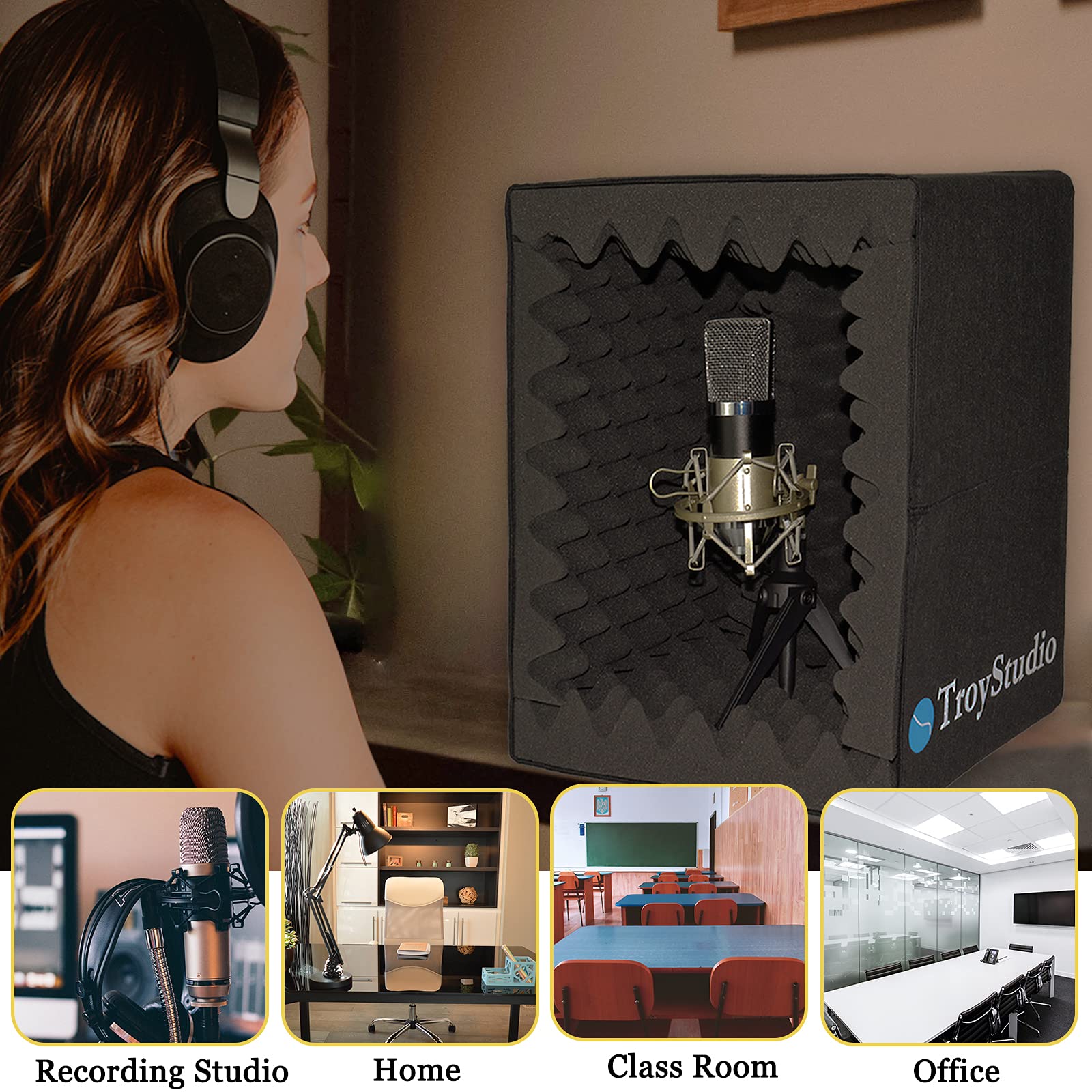 BXI Cabina vocal portátil, escudo de aislamiento de micrófono plegable grande, estudio de grabación de música, caja de absorción de eco de sonido, escritorio y soporte, filtro de reflexión con espuma