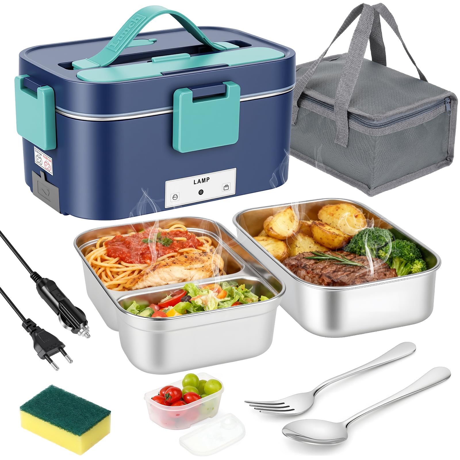 3-in-1 Fast Heating Lunch Boxes, 1,8 L Grande capacità Riscaldato Lunch Box 100W Elettrico 12V/24V/220V Lunch Box, Acciaio inossidabile Riscaldato Lunch Boxes per Auto Camion Ufficio
