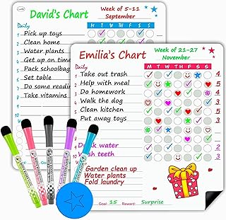 Large Magnetic Chore Chart For Kids - 2 Pcs Behavior Charts , 5 Markers & Star Eraser- Reward Chart for Multiple Kids Teens Adults Family- Daily Responsibility Chart - White board - Weekly Schedule Planner