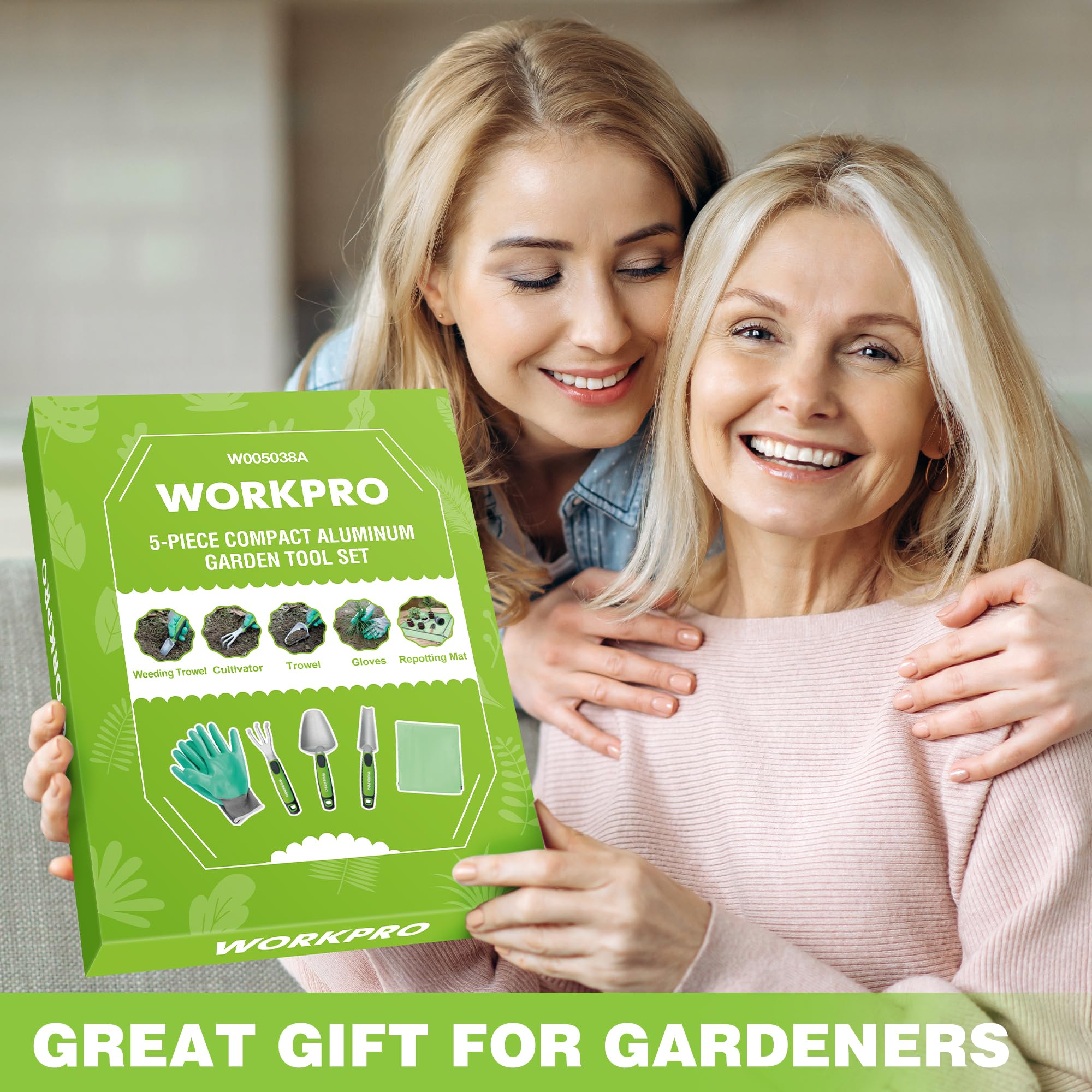 WORKPRO 5-teiliges Gartenwerkzeug-Set, Pulverbeschichtung, kompaktes Aluminium-Gartenwerkzeug-Set mit Umtopfmatte, Outdoor-Garten-Handwerkzeuge, ideales Gartengeschenk, Grün