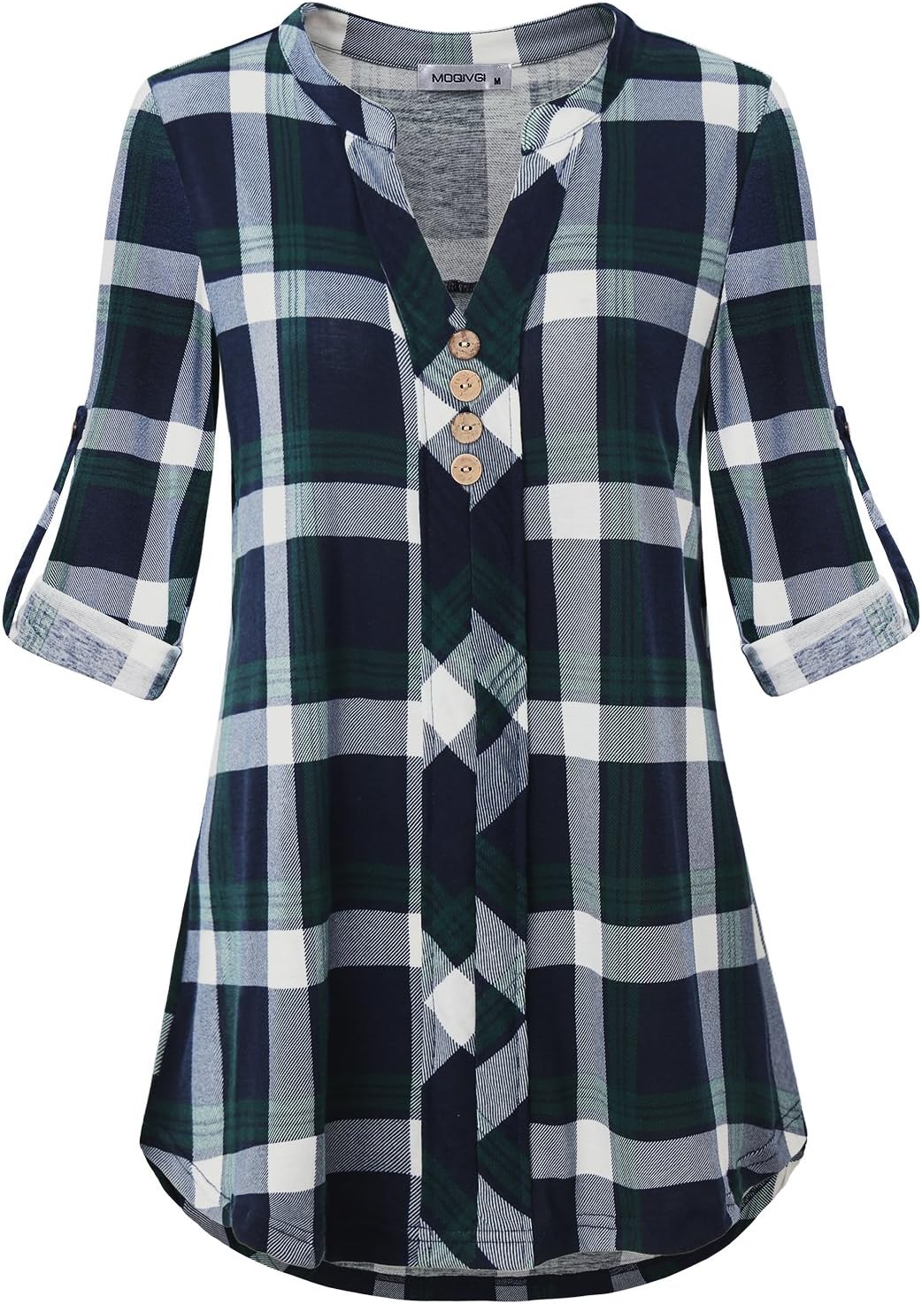 MOQIVGI Womens Roll Tab Sleeve V Neck Plaid Shirts Trendy Casual Checkered Blouse Tops