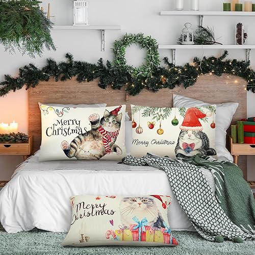 Miniatura 6 de 6 fundas de almohada de Feliz Navidad de 12 x 20 pulgadas, fundas decorativas de casa de campo de gato, fundas de almohada decorativas de invierno