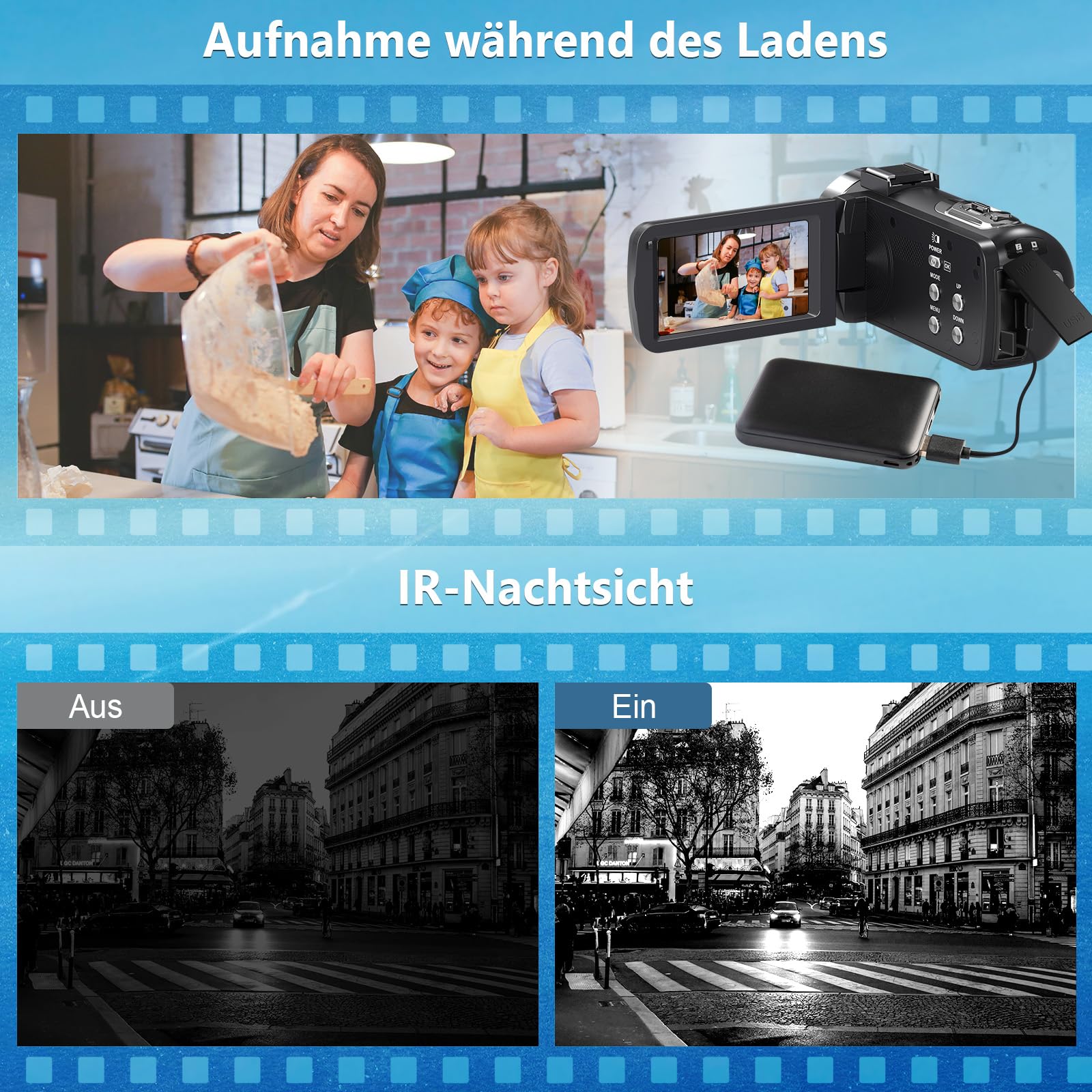 Videokamera 4K 80MP Camcorder für YouTube,30FPS Webcam IR Nachtsicht Vlogging Kamera,18X Digitalzoom 3,0 270°IPS Bildschirm Video Camera mit SD Karte, 2 Akkus, Fernbedienung, und Handstabilisator