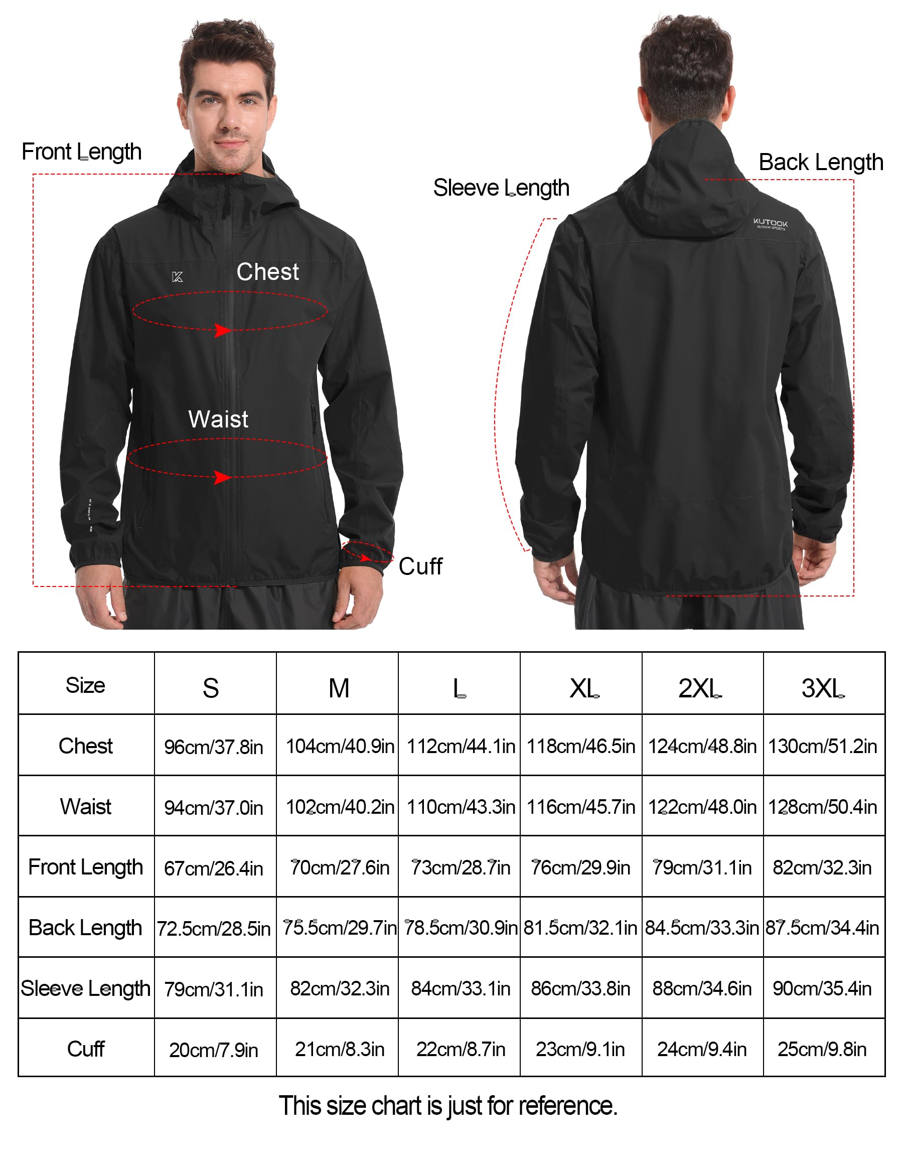KUTOOK Veste de pluie imperméable à capuche légère et respirante pour homme, pour cyclisme, randonnée, course à pied, taille S à 3XL