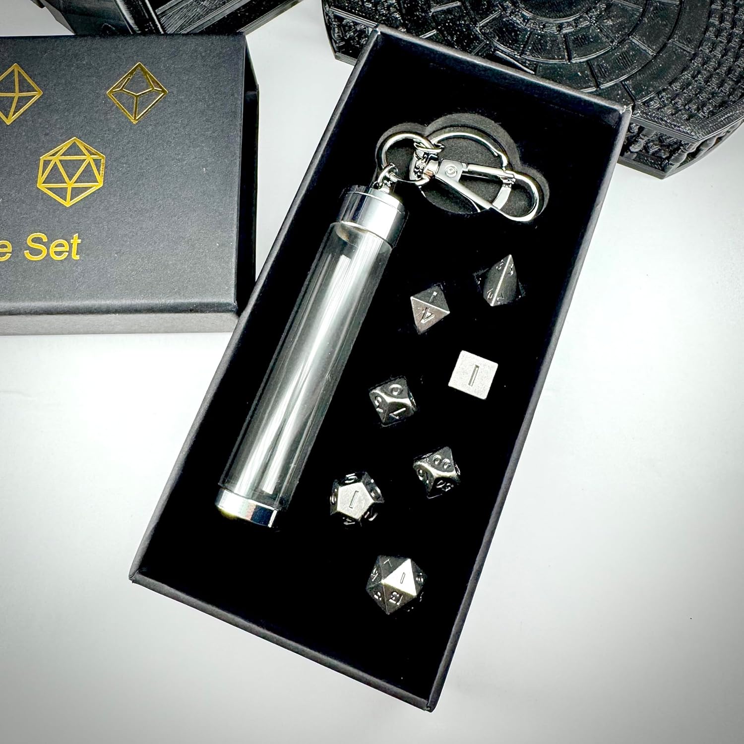 MYZOFEEL 7 pcs Mini Metal Dice Set for DND RPG Games with Keychain Case Portable Role Playing Dice Perfect Accessories - Polyhedral Dice, Dungeons and Dragon Game Dice Set D&D Gifts with Box (Black)