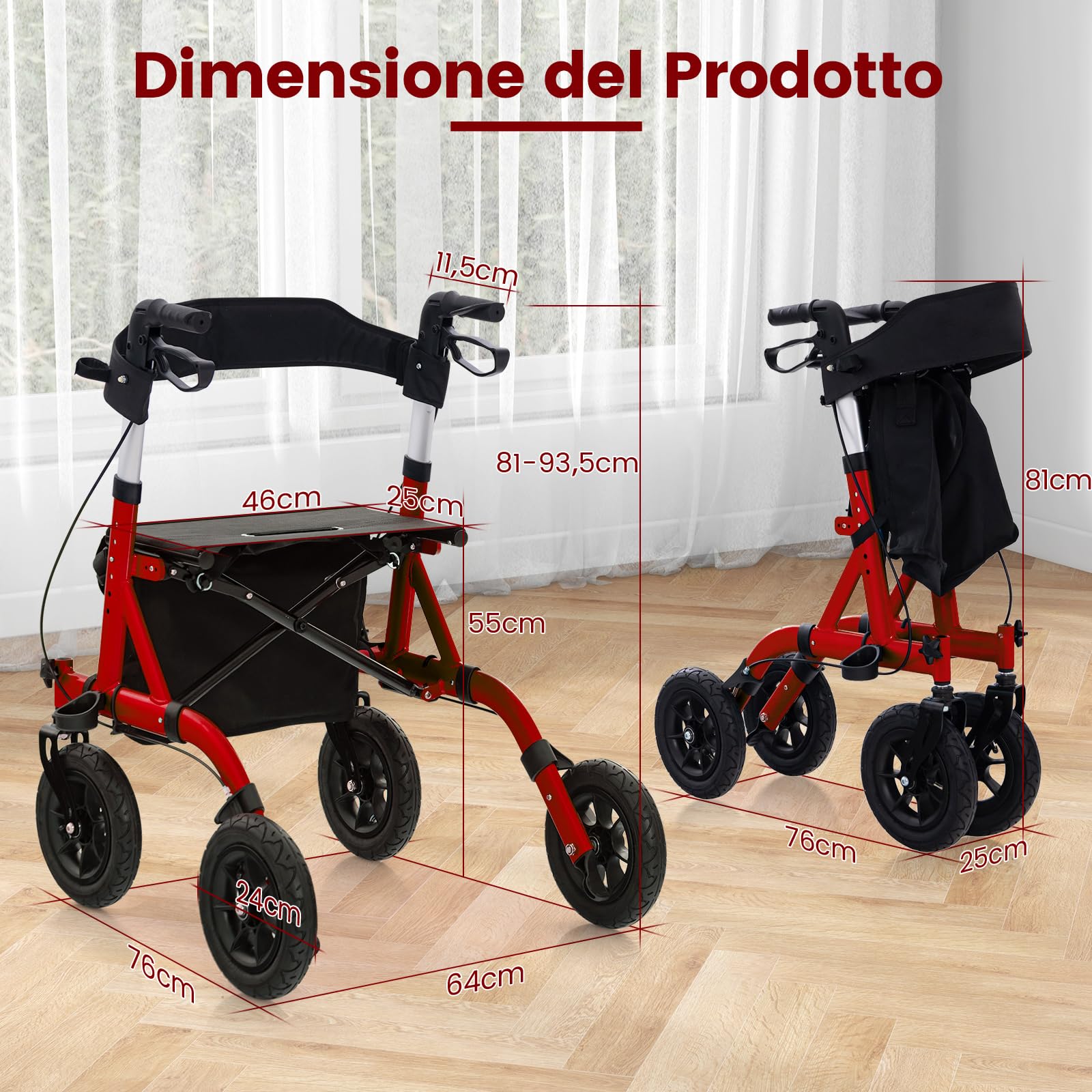 GYMAX Deambulatore per Anziani, Deambulatore Pieghevole con Seduta, 4 Ruote per Tutti i Terreni, Manici Regolabili, Con 1 Borsa e 1 Portaombrelli (Rosso)