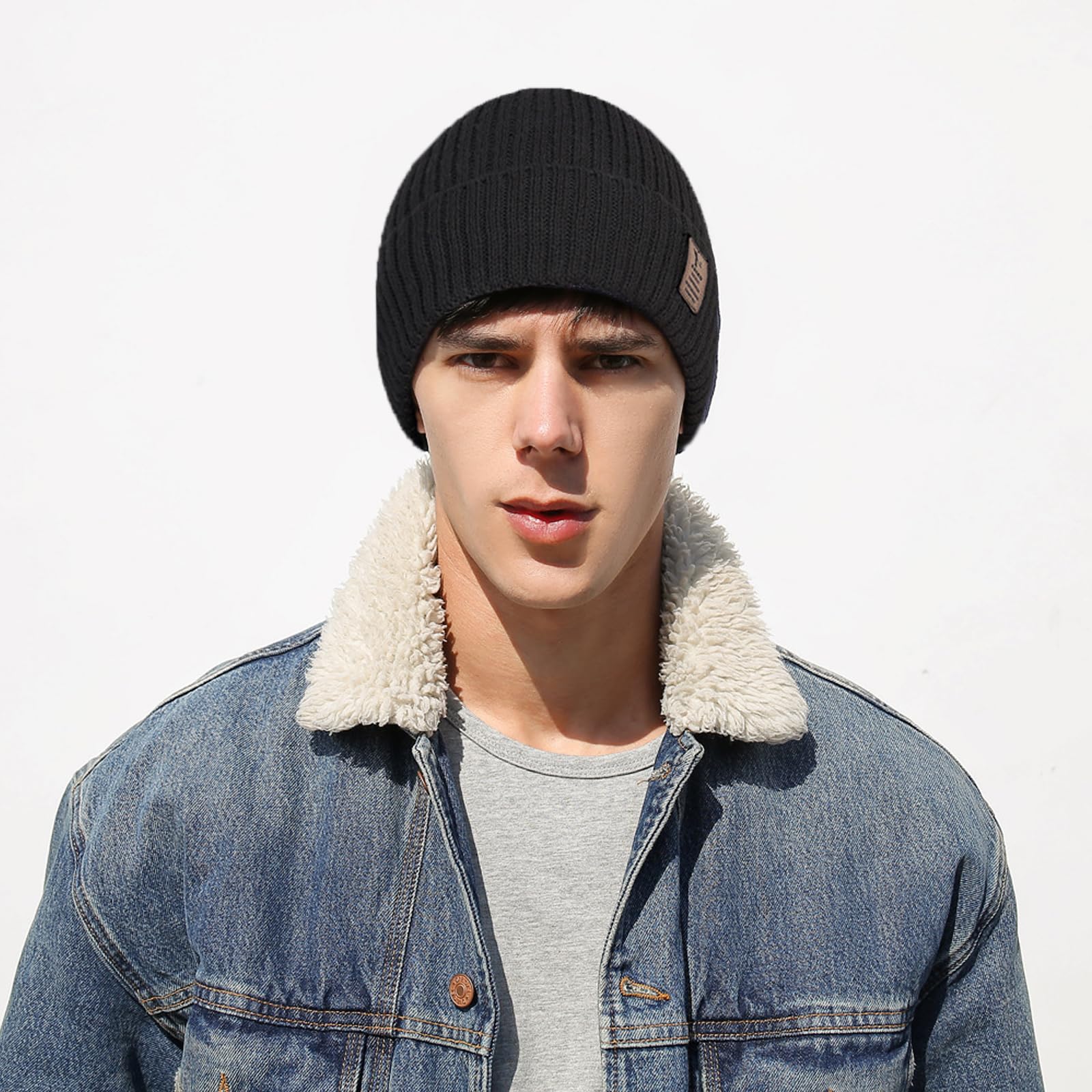 Negro Gorro de Punto Hombres y Mujeres, Invierno Termicos Gorro Beanie de Punto, Cálido Gorra de Polar, Gorros Cálidos de Invierno, Gorro de Punto Grueso