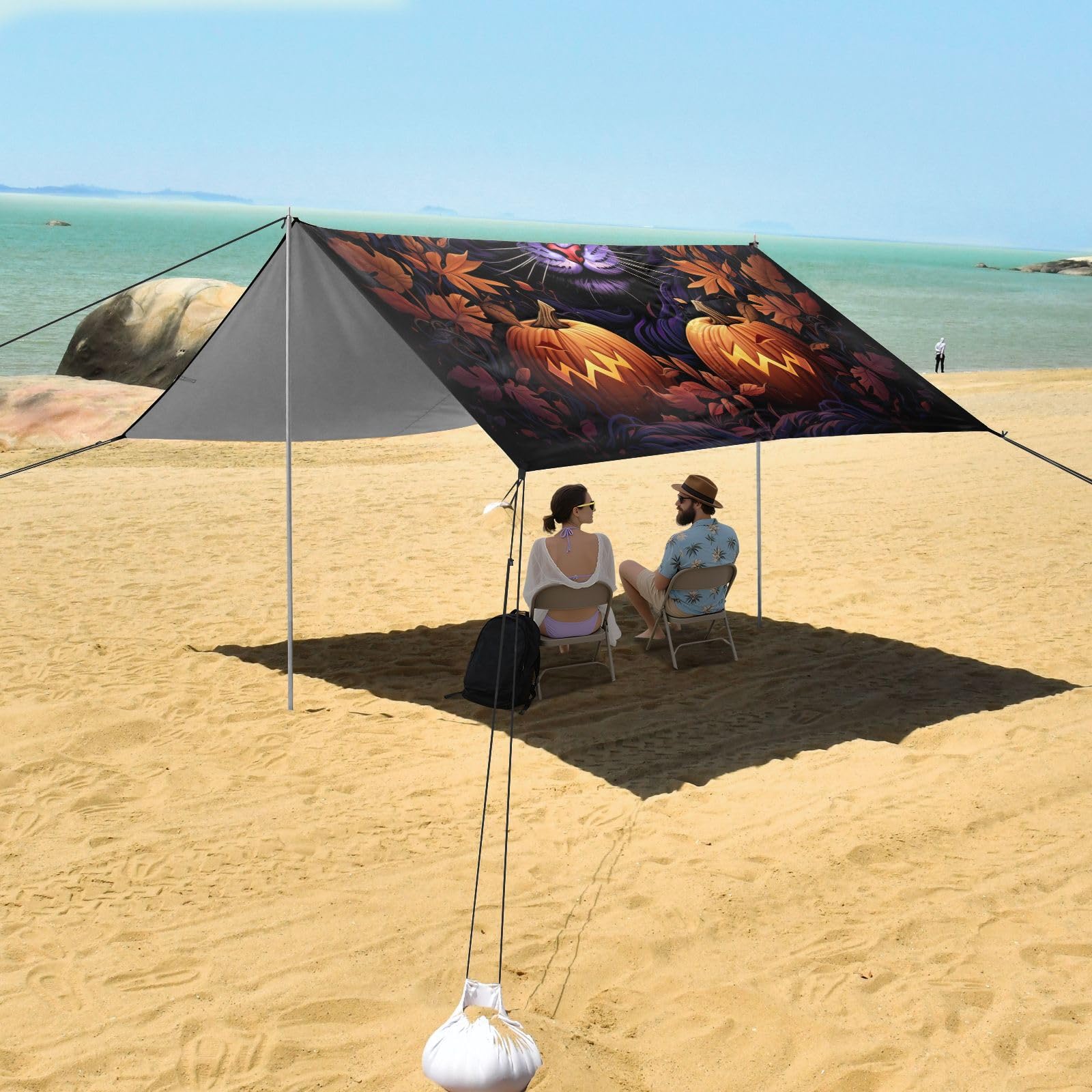 Dunkle Katze Halloween Strandzelt Sonnenschutz Camping-Vordach,Einfach Aufzubauen,Tragbar mit Sandsäcken für Angeln und Picknick im Freien