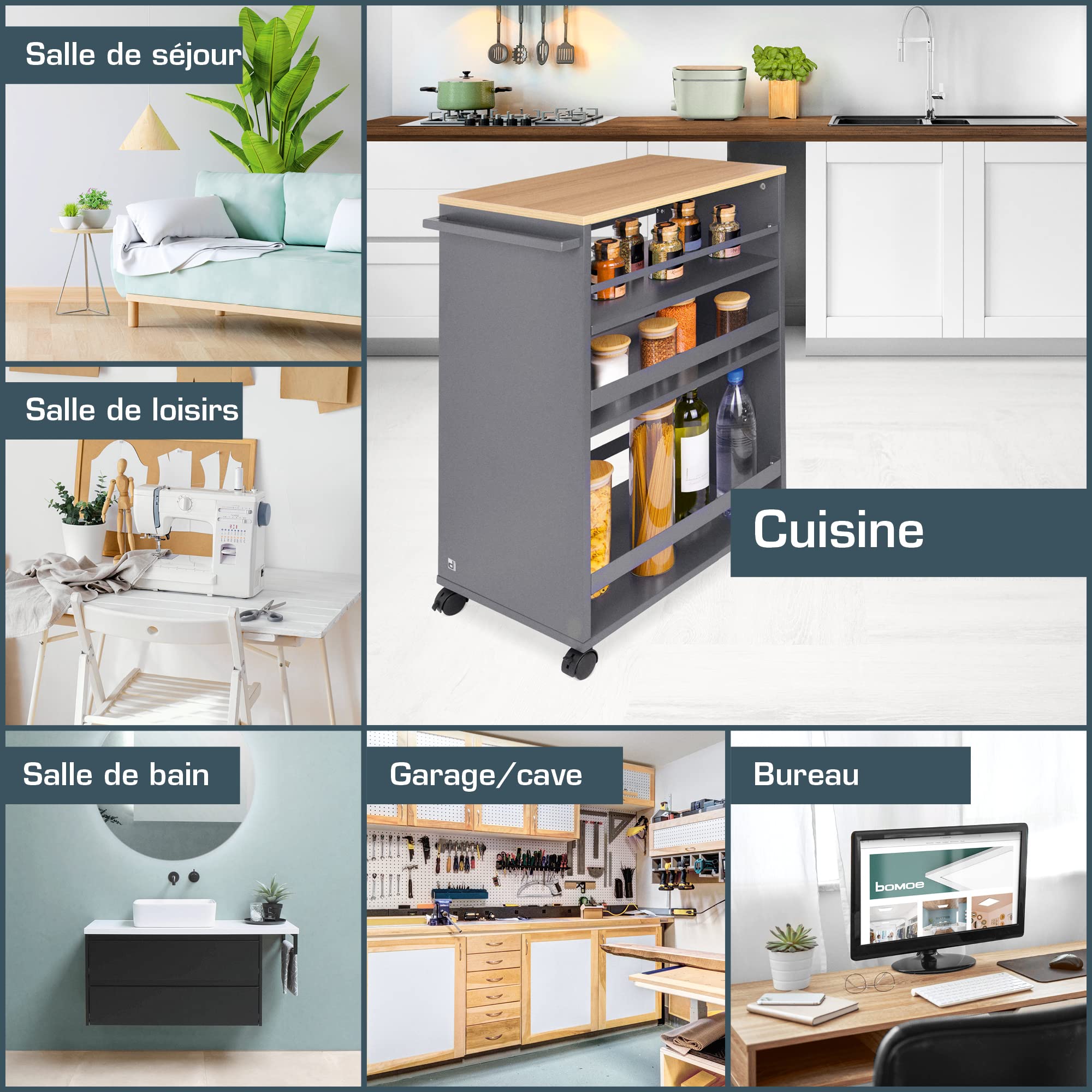 BOMOE Chariot de Rangement desserte à 4 roulettes avec 3 étagères et Plan | 50x79x38cm anthracite et chêne haute qualité étagère cuisine salle de bain Travail FSC service niche roulant Bengt