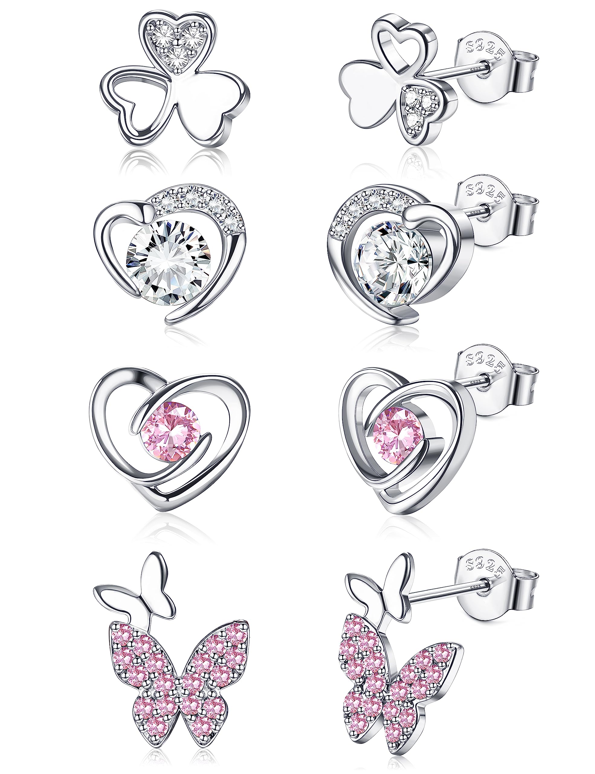 JeweBella 4Pares Pendientes Plata para Mujeres Niñas Hipoalergeniños Plata de Ley 925 Aguja Pendientes Corazón Mariposa Circonita Cúbica Púrpura/Rosa Juego de Pendientes Bebe Niña Cartílago