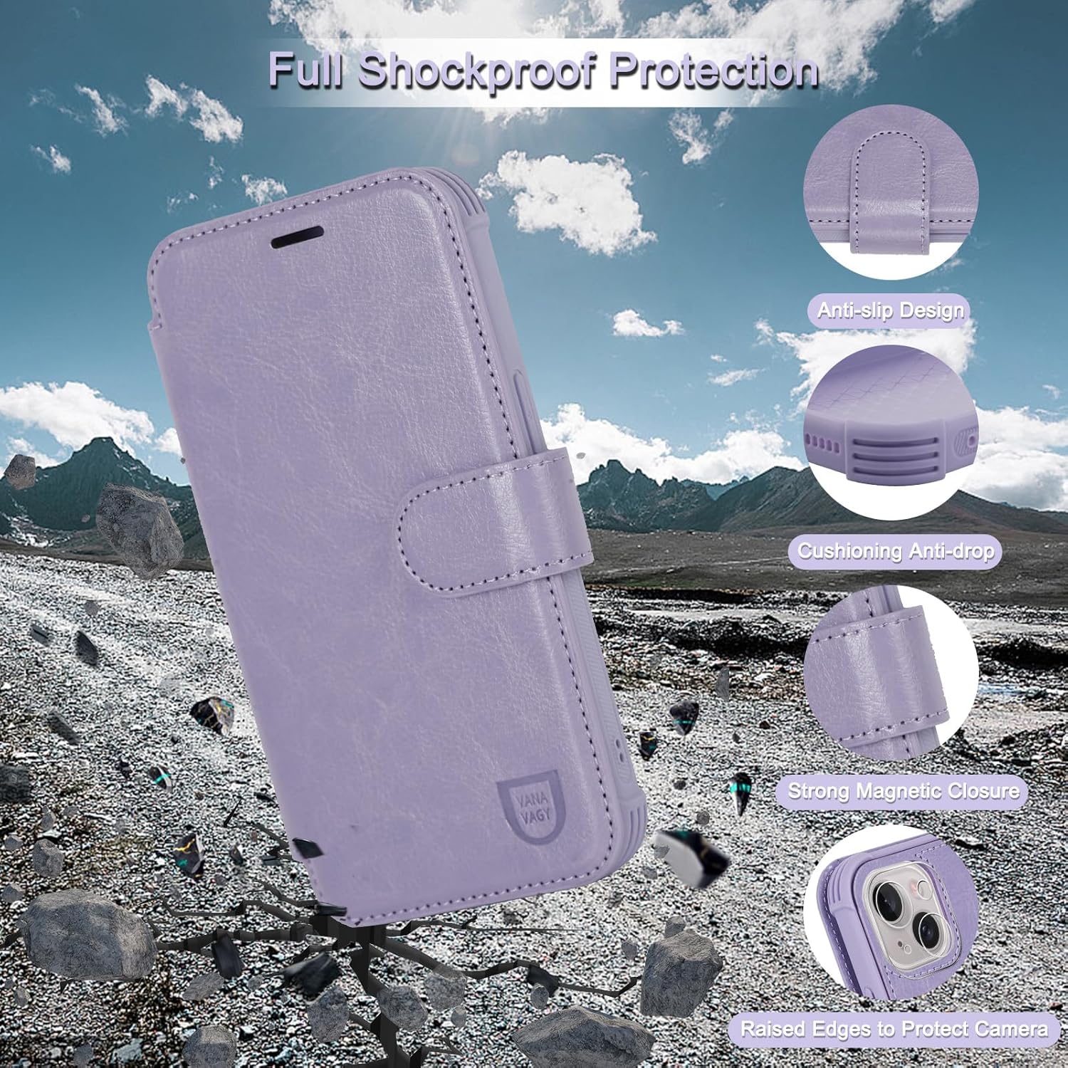VANAVAGY Compatible for iPhone 14/13 Wallet Case for Magsafe Wireless Charging, PU Leather Flip Folio Phone Cover with Wrist Strap RFID Blocking Card Holder Screen Protector,Clove Purple