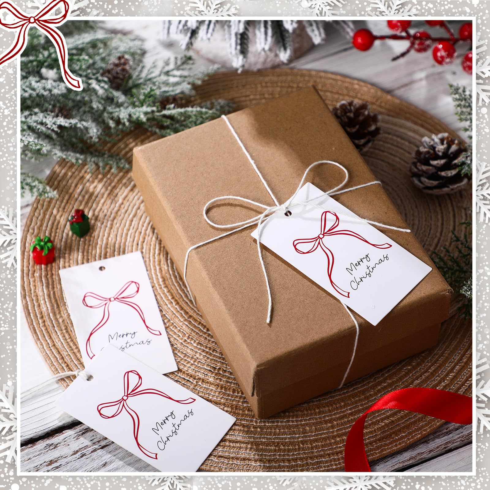 Fuyoooo Weihnachtsgeschenk-Etiketten mit Schnur für Geschenke, Geschenkpapier, Etiketten für Weihnachten, Party, Leckerli, Keksdekoration (Schleife), 100 Stück