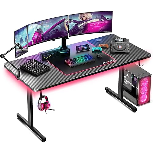 GTRACING Gaming Desk 55 Inch with LED Lights, Large Computer Desk with Mouse Pad for Home Office, T-Shaped Carbon Fibre Surface PC Game Workstations with Headphone Hook