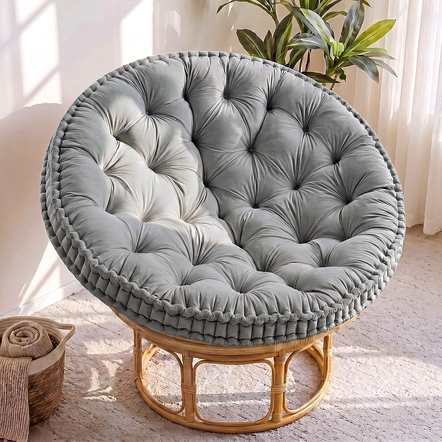 Novabright Papasan Chair Cushion with Velvet Cover 48 x 48 Inch Circle Overstuffed Chair Cushion Only Supportive Thicken Tufted Floor Pillow for Papasan Swing Patio Living Room Balcony (Ivory White)