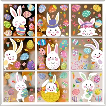 9 Sheets Easter Bunny Window Cling Decorations, Double Sided Easter Window Decorations Decals, Easter Spring Glass Window Stickers Decal, Cute Easter Decoration, Party Supplies FHJ24002