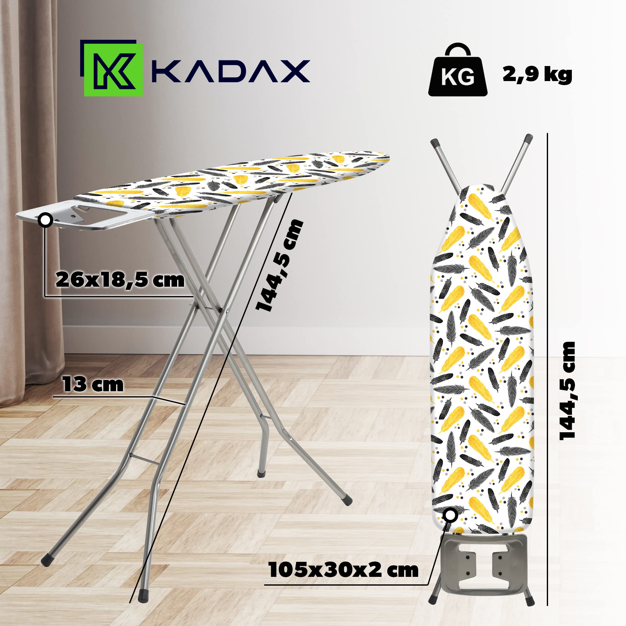 KADAX Bügelbrett 105 x 30 cm, Dampfbügeltisch mit Antirutschfüßen, höhenverstellbares Bügelbrett mit ab-nehmbaren Überzug, Bügeltisch für Dampfbügeleisen
