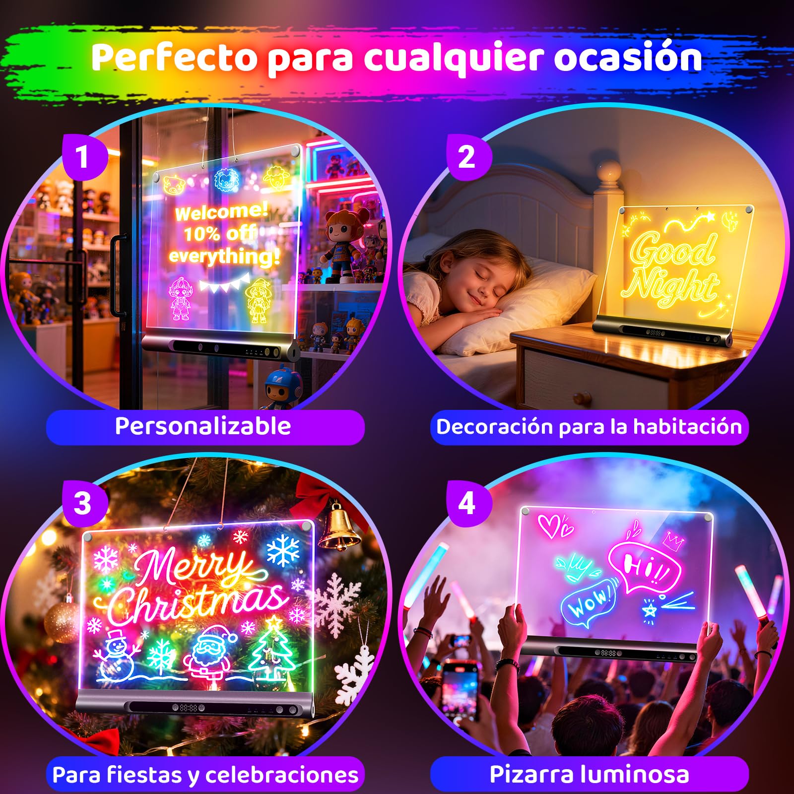 Pizarra LED recargable 41 cm, 9 modos de luz con temporizador y soporte integrado, tablero acrílico neón borrable en seco, regalo niños/adolescentes, 6 rotuladores y libro de calco, negro