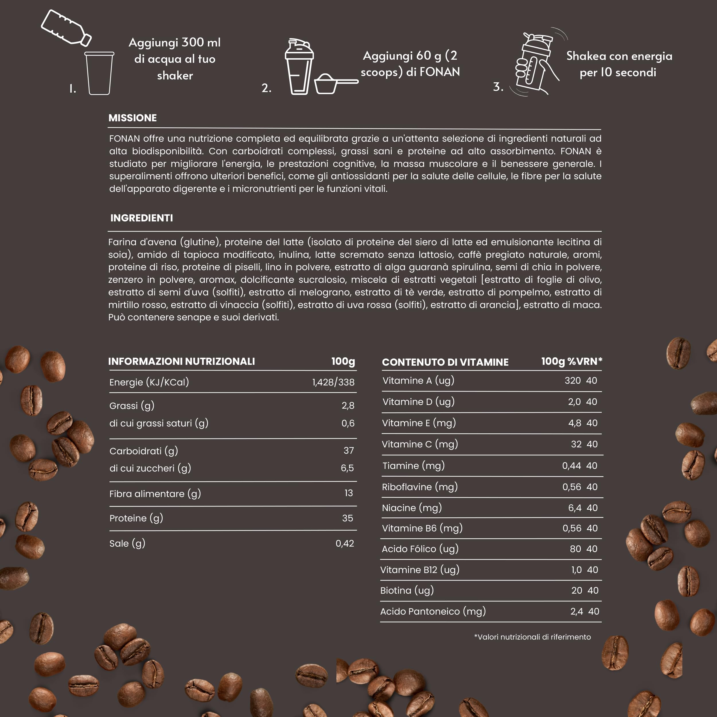 FONAN Frullati sostituto pasto e colazione sani per una dieta completa 1,2 kg - Frullati sazianti con vitamine, minerali, carboidrati, proteine in polvere, spirulina e Baobab CAFFE