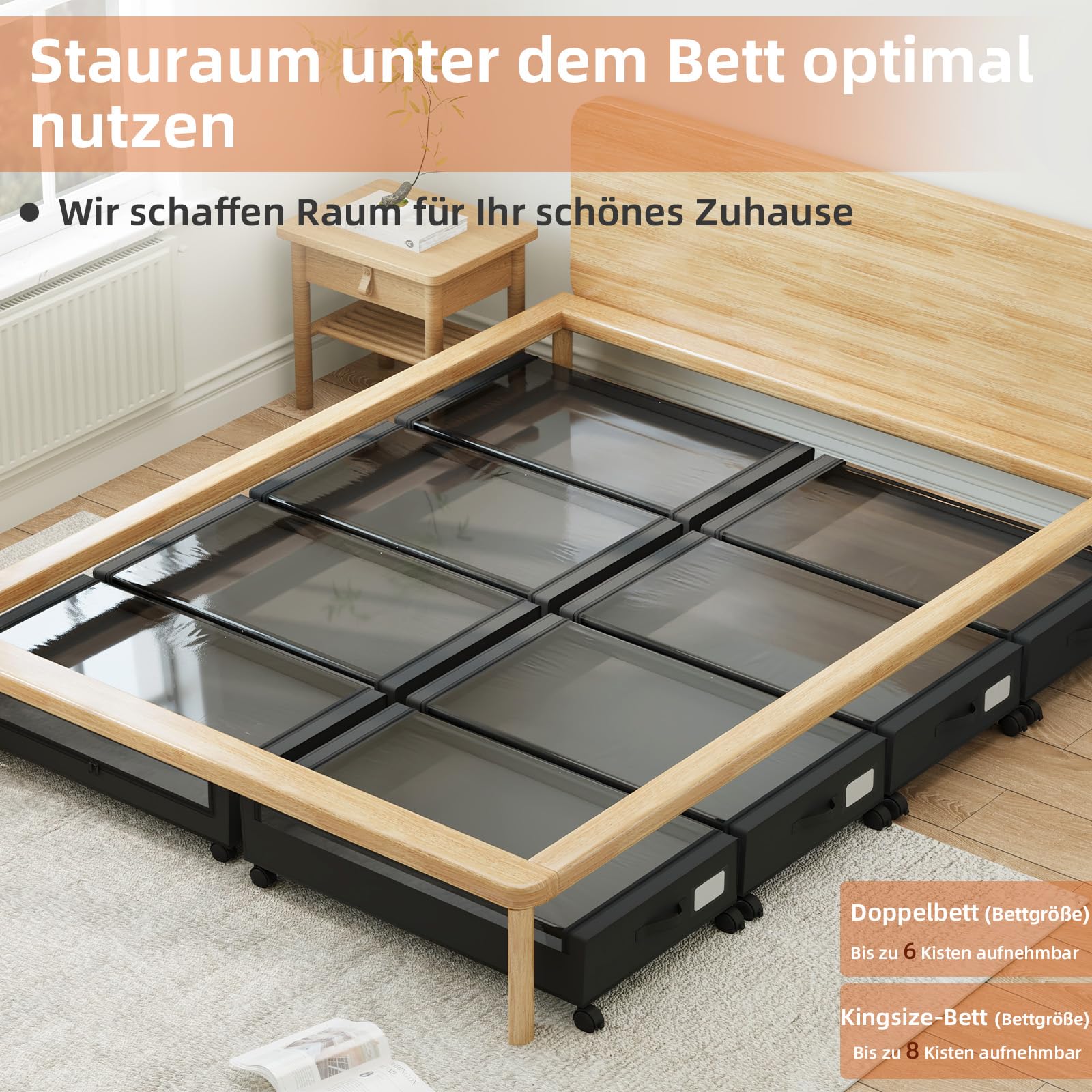 Somdot Unterbett Aufbewahrungsbox mit Rollen, 48L, 4er-Set, Schwarz | Bettkasten, Unterbettkommode mit Rollen, Sichtfenster, Großer Stauraum für Schuhe, Kleidung, 43,5T x 78,5B x 17H