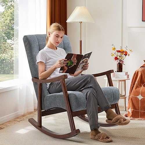 Miniatura 2 de AVAWING Upholstered Rocking Chair with Fabric Padded Seat, Comfortable Rocker Solid Wood for Living Room, Modern High Back Armchair for Adult, Dark